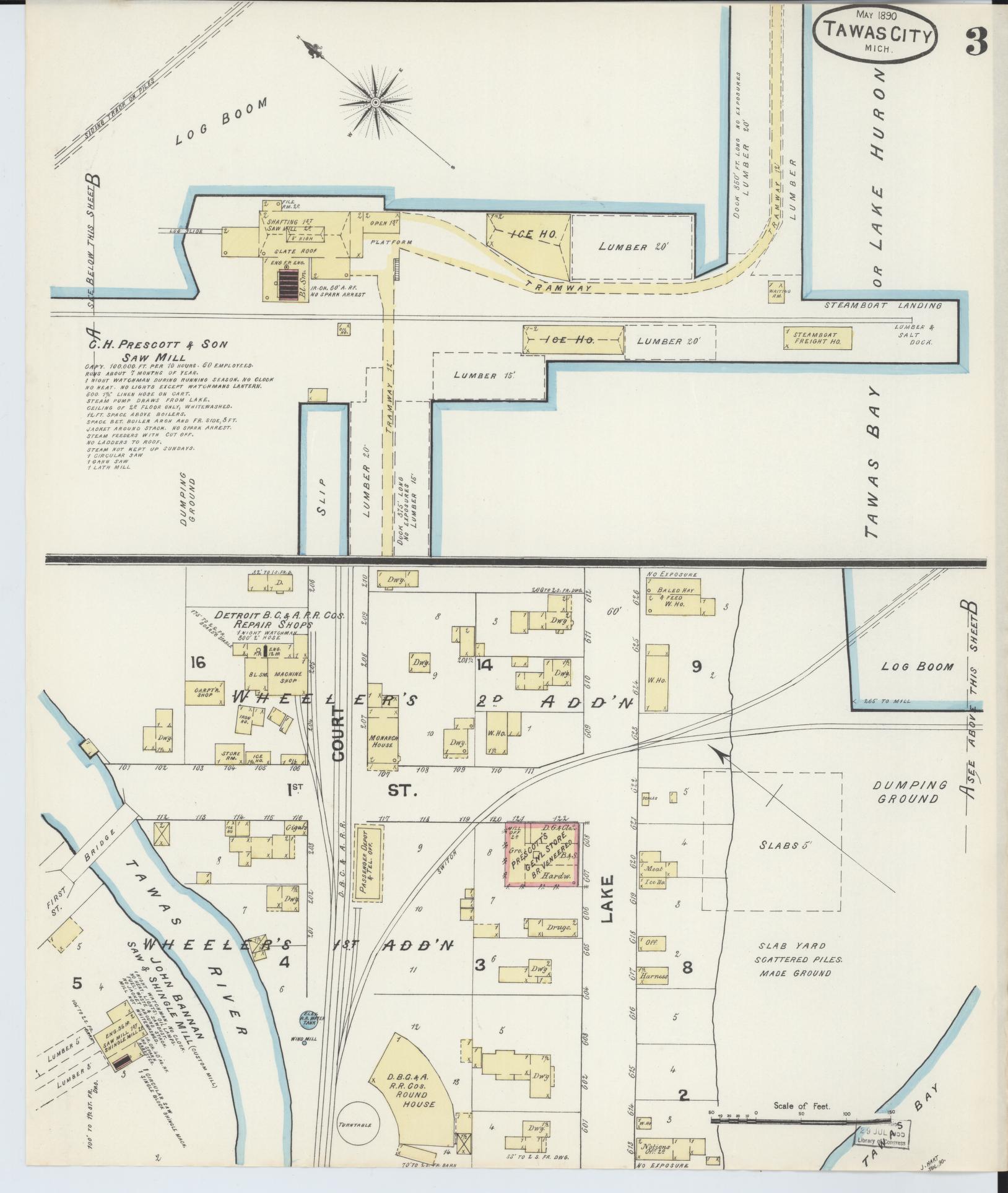 Sanborn Fire Insurance Map from East Tawas, Iosco County, Michigan (1890), Sheet #0003 - Historic Sanborn Fire Insurance Map Print, vintage old map wall art, antique decor, genealogy gift, Michigan Michigan map
