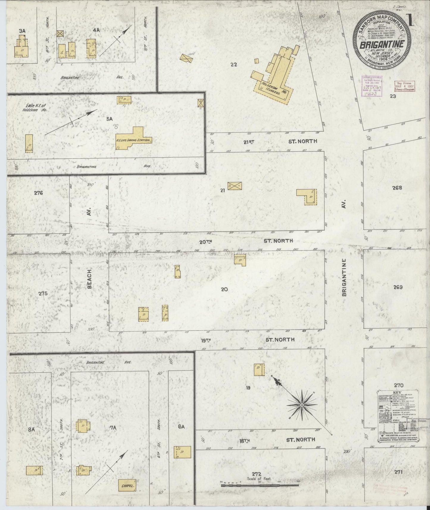 Sanborn Fire Insurance Map from Brigantine, Atlantic County, New Jersey (1906), Sheet #0001 - Historic Sanborn Fire Insurance Map Print, vintage old map wall art, antique decor, genealogy gift, New Jersey New Jersey map