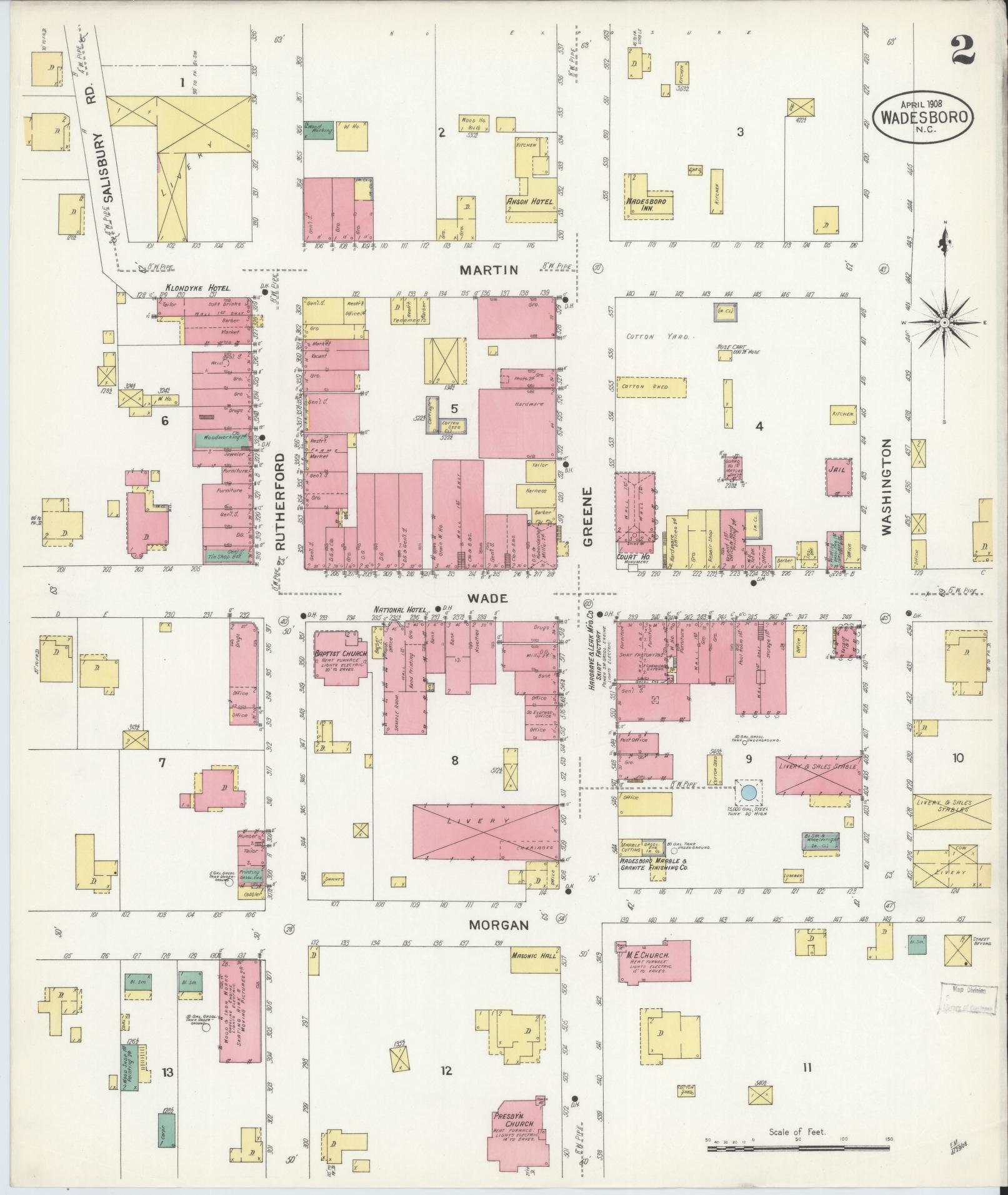 Sanborn Fire Insurance Map from Wadesboro, Anson County, North Carolina (1908), Sheet #0002 - Historic Sanborn Fire Insurance Map Print, vintage old map wall art, antique decor, genealogy gift, North Carolina North Carolina map