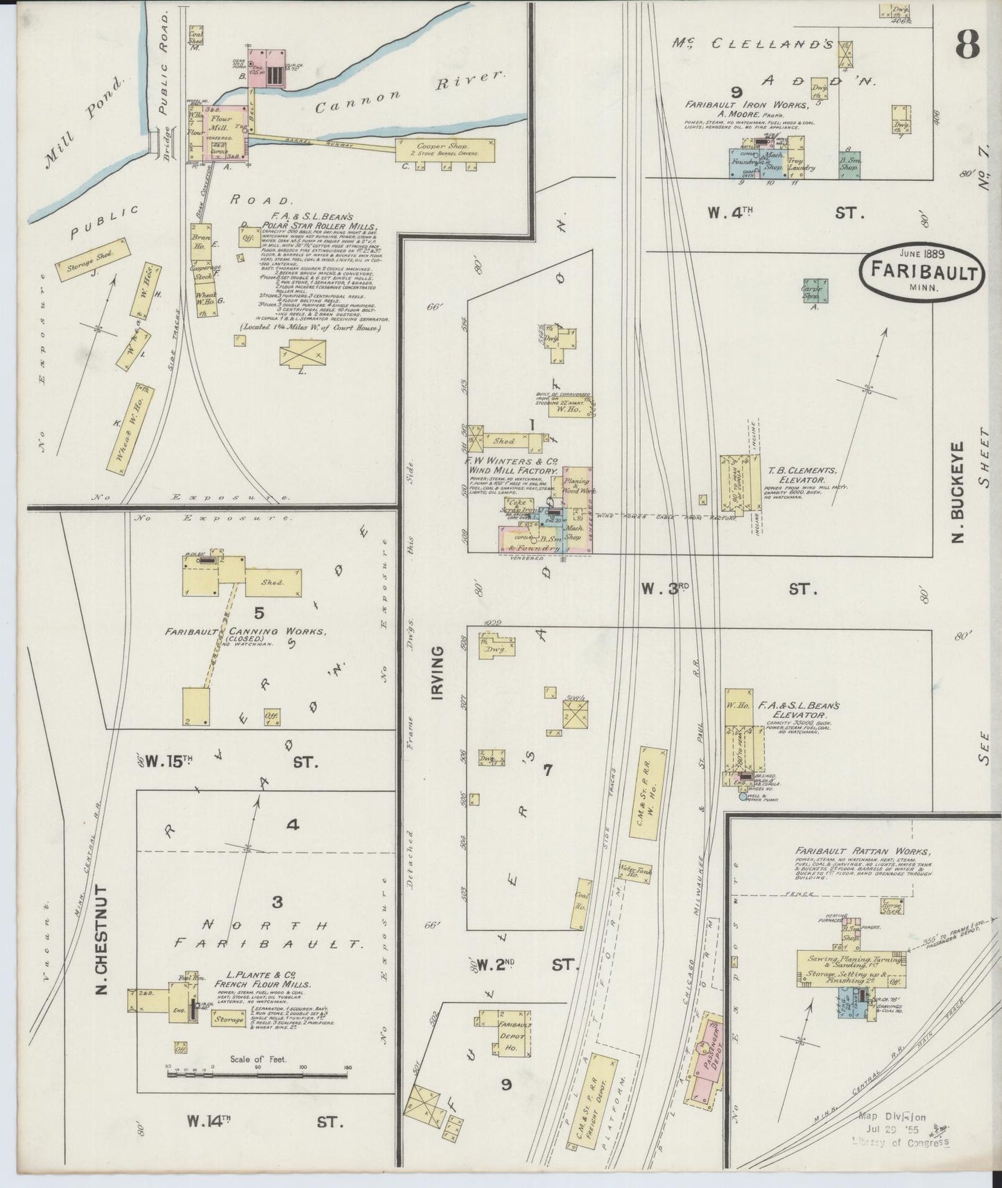 Sanborn Fire Insurance Map from Faribault, Rice County, Minnesota (1889), Sheet #0008 - Historic Sanborn Fire Insurance Map Print, vintage old map wall art, antique decor, genealogy gift, Minnesota Minnesota map