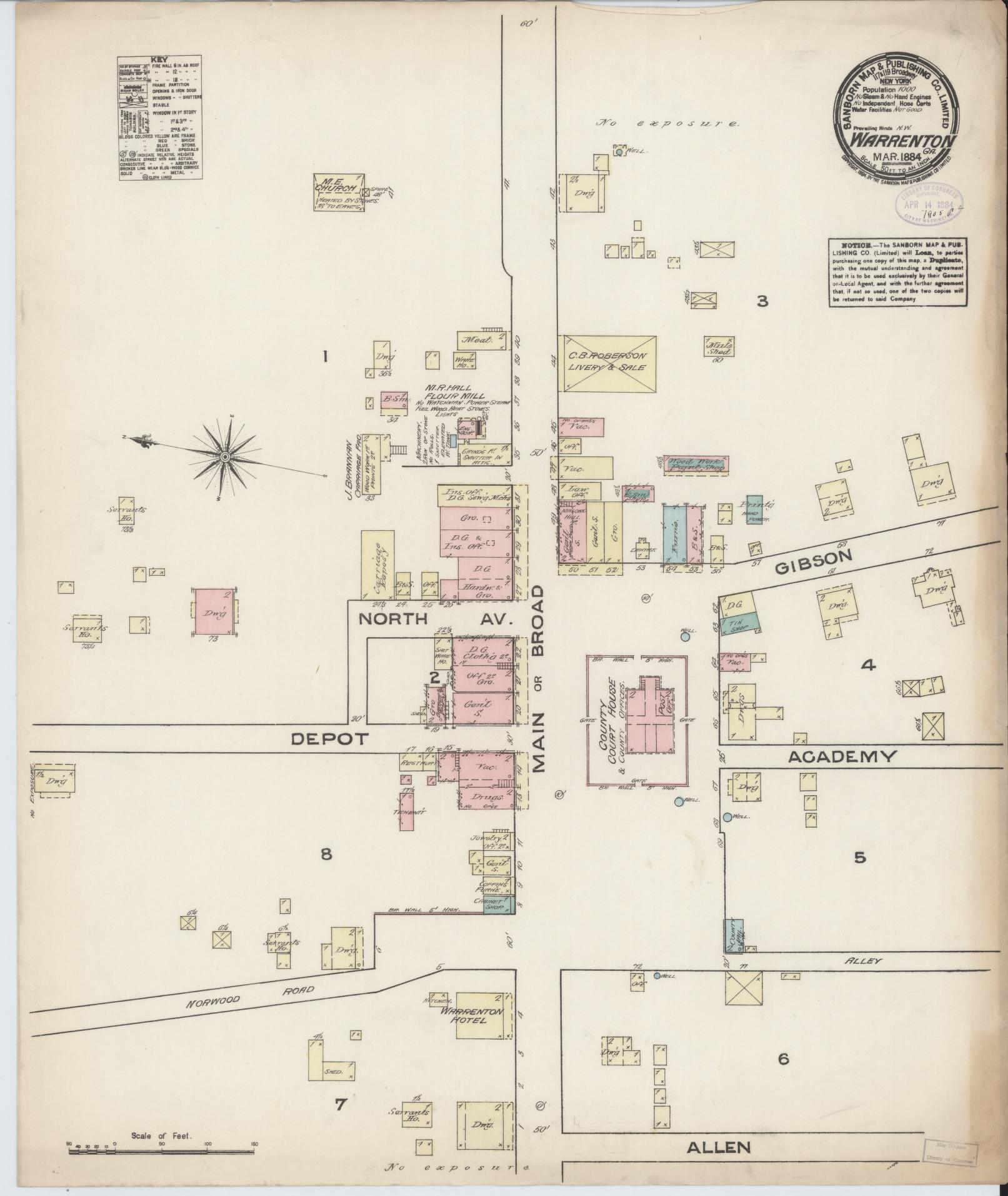 Sanborn Fire Insurance Map from Warrenton, Warren County, Georgia (1884), Sheet #0001 - Historic Sanborn Fire Insurance Map Print, vintage old map wall art, antique decor, genealogy gift, Georgia Georgia map