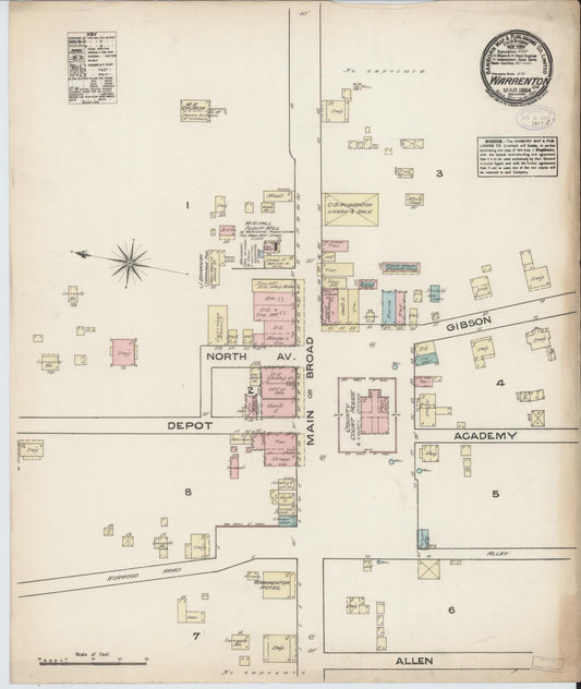 Sanborn Fire Insurance Map from Warrenton, Warren County, Georgia (1884), Sheet #0001 - Historic Sanborn Fire Insurance Map Print, vintage old map wall art, antique decor, genealogy gift, Georgia Georgia map