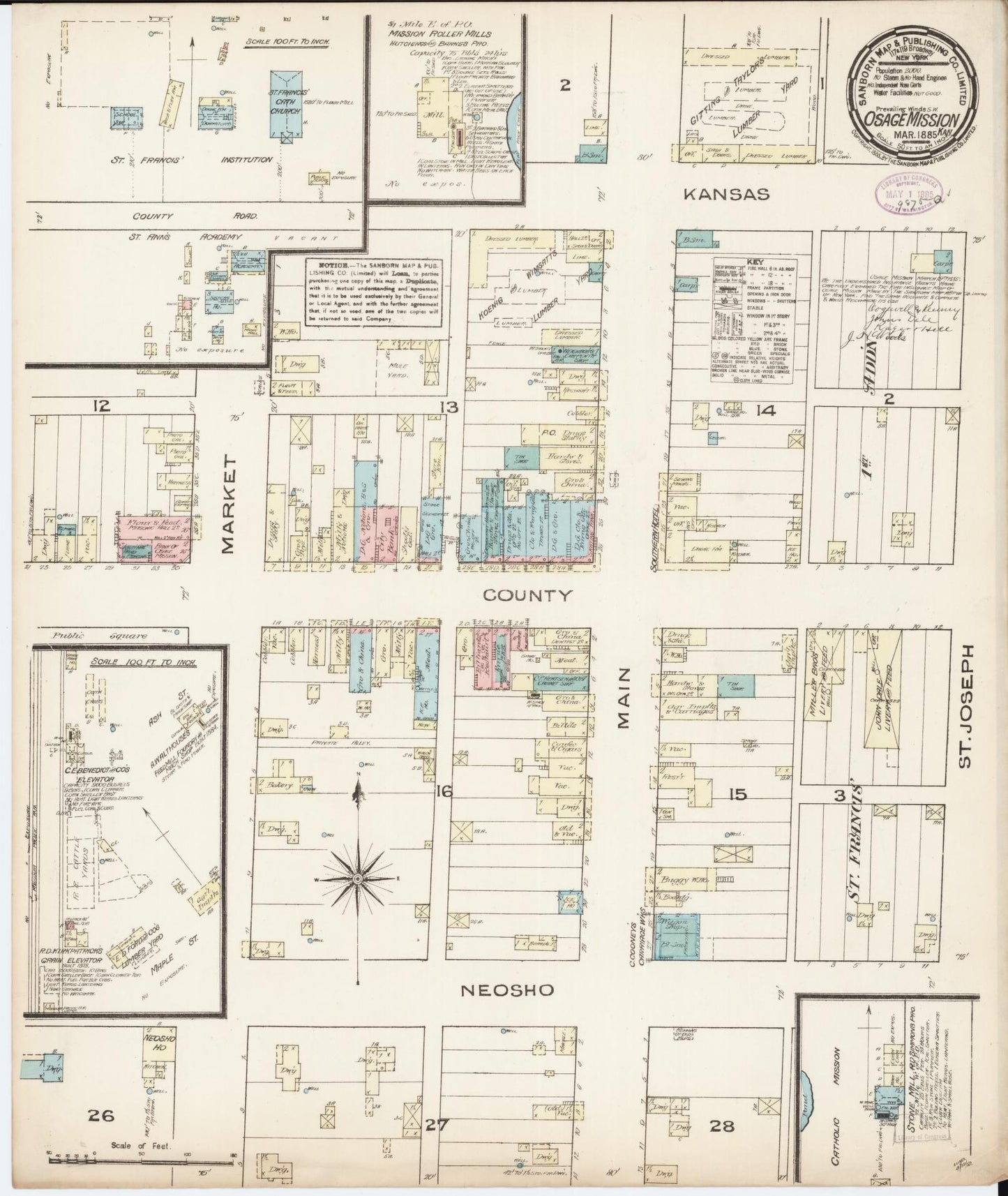Sanborn Fire Insurance Map from Osage Mission, Neosbe County, Kansas (1885), Sheet #0001 - Historic Sanborn Fire Insurance Map Print, vintage old map wall art, antique decor, genealogy gift, Kansas Kansas map