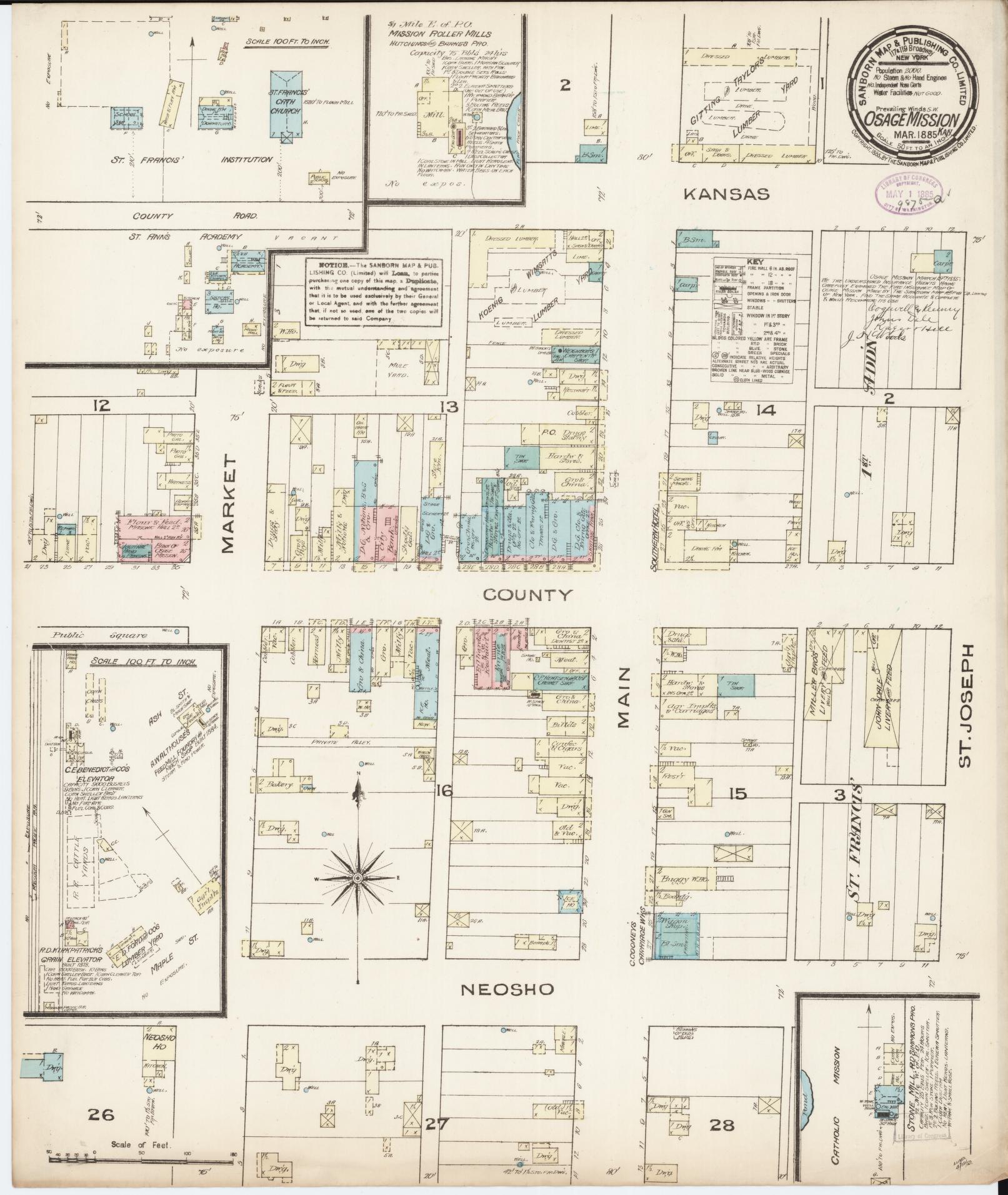 Sanborn Fire Insurance Map from Osage Mission, Neosbe County, Kansas (1885), Sheet #0001 - Historic Sanborn Fire Insurance Map Print, vintage old map wall art, antique decor, genealogy gift, Kansas Kansas map