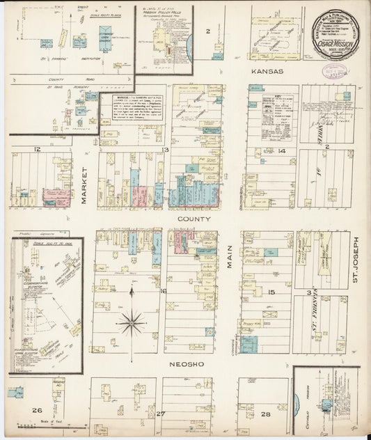 Sanborn Fire Insurance Map from Osage Mission, Neosbe County, Kansas (1885), Sheet #0001 - Historic Sanborn Fire Insurance Map Print, vintage old map wall art, antique decor, genealogy gift, Kansas Kansas map