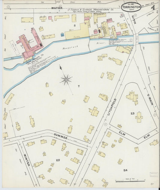 Sanborn Fire Insurance Map from Torrington, Litchfield County, Connecticut (1891), Sheet #0004 - Historic Sanborn Fire Insurance Map Print, vintage old map wall art, antique decor, genealogy gift, Connecticut Connecticut map