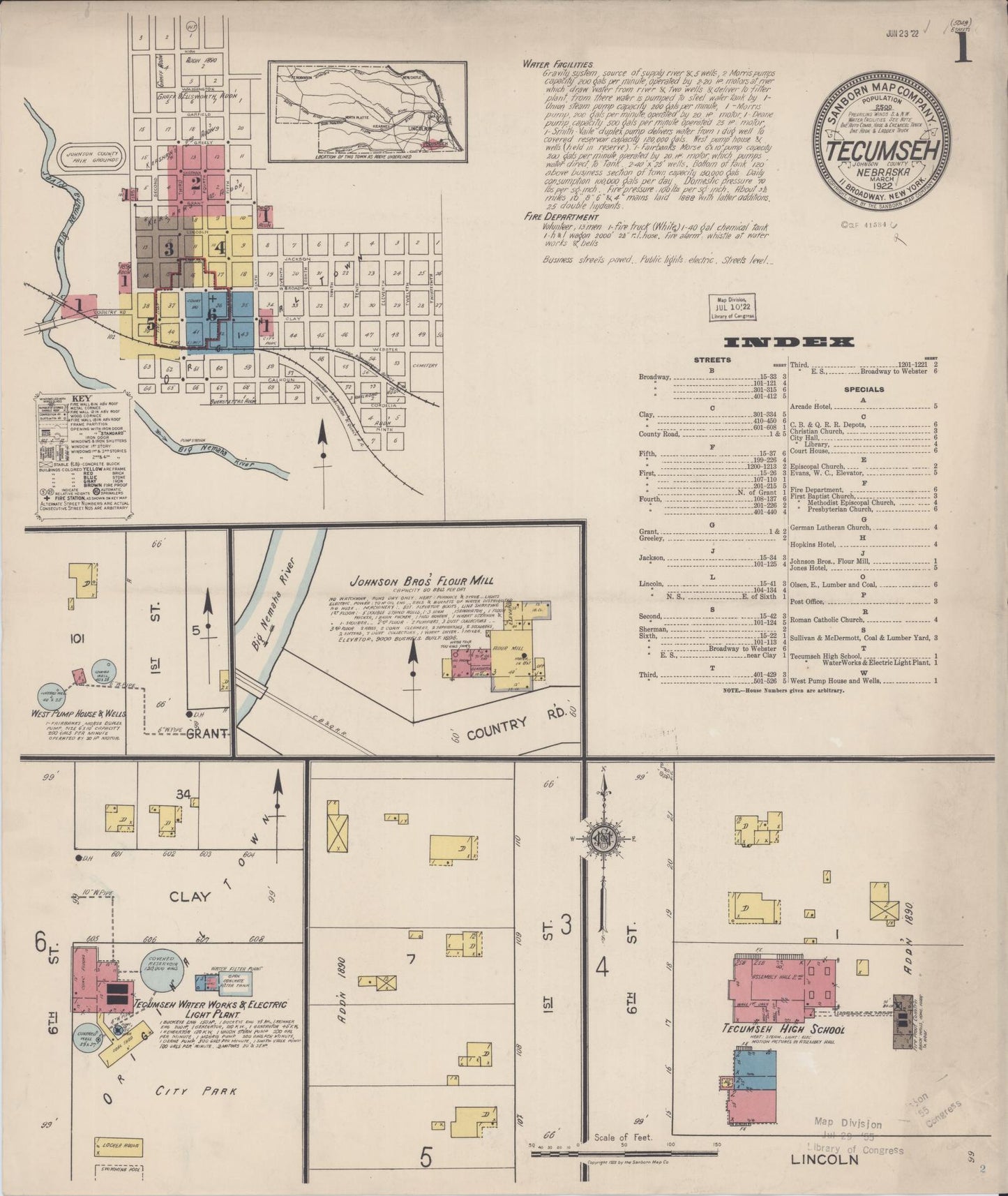 Sanborn Fire Insurance Map from Tecumseh, Johnson County, Nebraska (1922), Sheet #0001 - Historic Sanborn Fire Insurance Map Print, vintage old map wall art, antique decor, genealogy gift, Nebraska Nebraska map