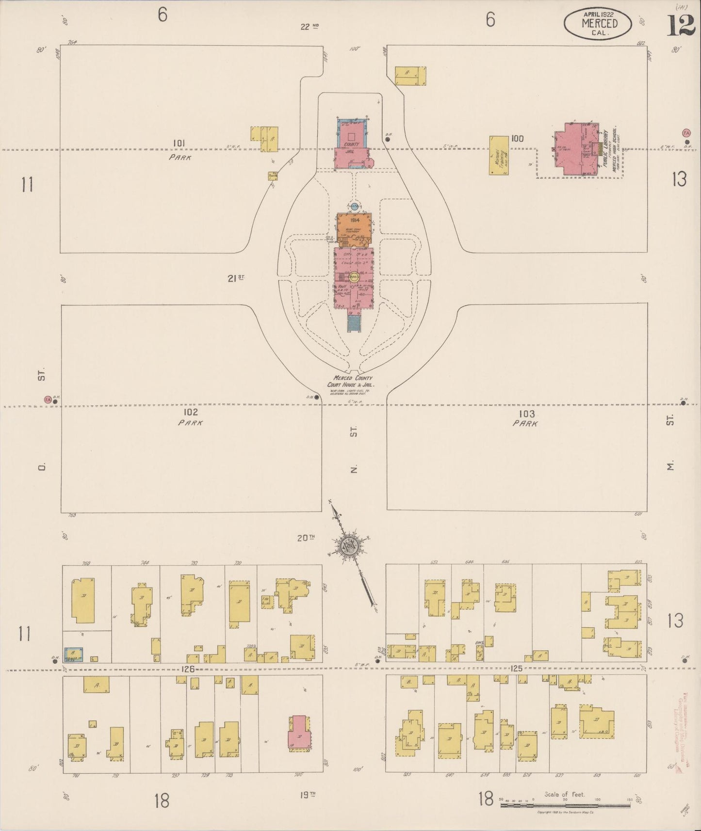 Sanborn Fire Insurance Map from Merced, Merced County, California (1922), Sheet #0012 - Historic Sanborn Fire Insurance Map Print, vintage old map wall art, antique decor, genealogy gift, California California map