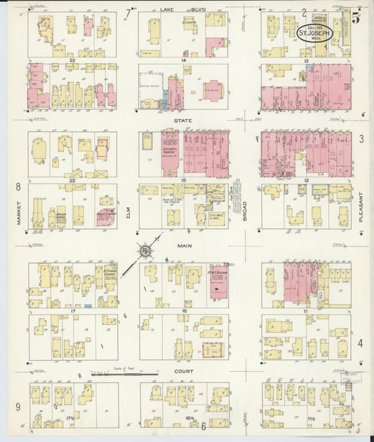 Sanborn Fire Insurance Map from Saint Joseph, Berrien County, Michigan (1913), Sheet #0005 - Historic Sanborn Fire Insurance Map Print, vintage old map wall art, antique decor, genealogy gift, Michigan Michigan map