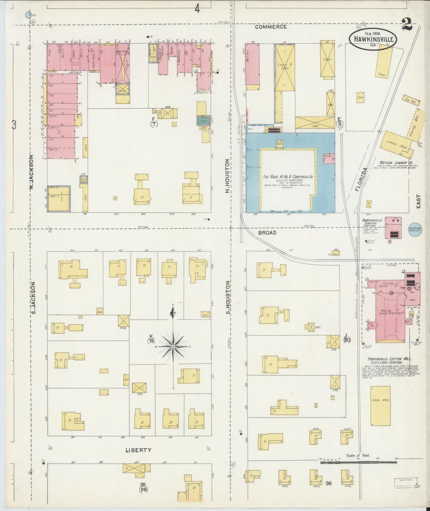 Sanborn Fire Insurance Map from Hawkinsville, Pulaski County, Georgia (1906), Sheet #0002 - Historic Sanborn Fire Insurance Map Print, vintage old map wall art, antique decor, genealogy gift, Georgia Georgia map
