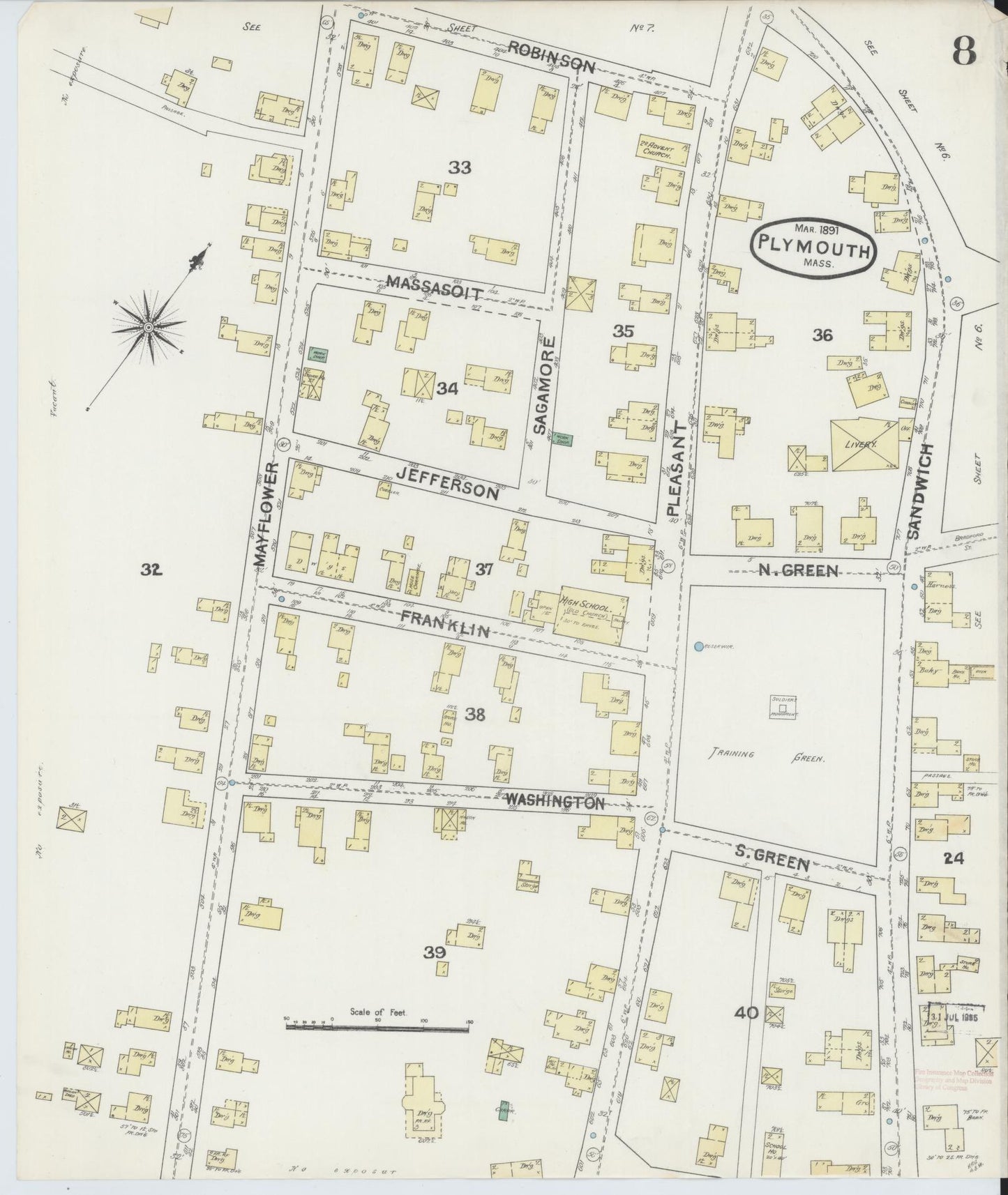 Sanborn Fire Insurance Map from Plymouth, Plymouth County, Massachusetts (1891), Sheet #0008 - Complete Map Set gallery image, historic Sanborn map, vintage wall art, Massachusetts Massachusetts