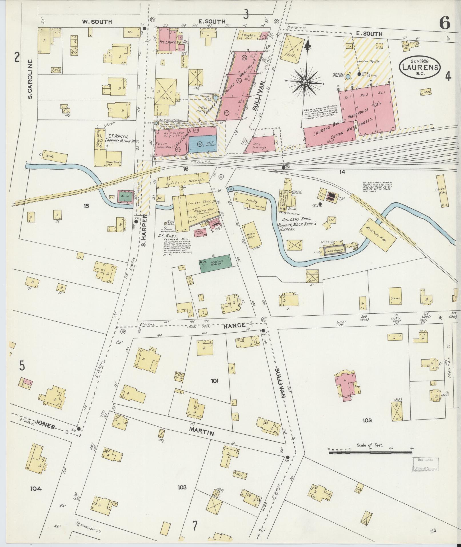Sanborn Fire Insurance Map from Laurens, Laurens County, South Carolina (1906), Sheet #0006 - Complete Map Set gallery image, historic Sanborn map, vintage wall art, South Carolina South Carolina