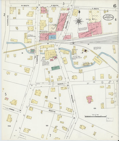 Sanborn Fire Insurance Map from Laurens, Laurens County, South Carolina (1906), Sheet #0006 - Complete Map Set gallery image, historic Sanborn map, vintage wall art, South Carolina South Carolina