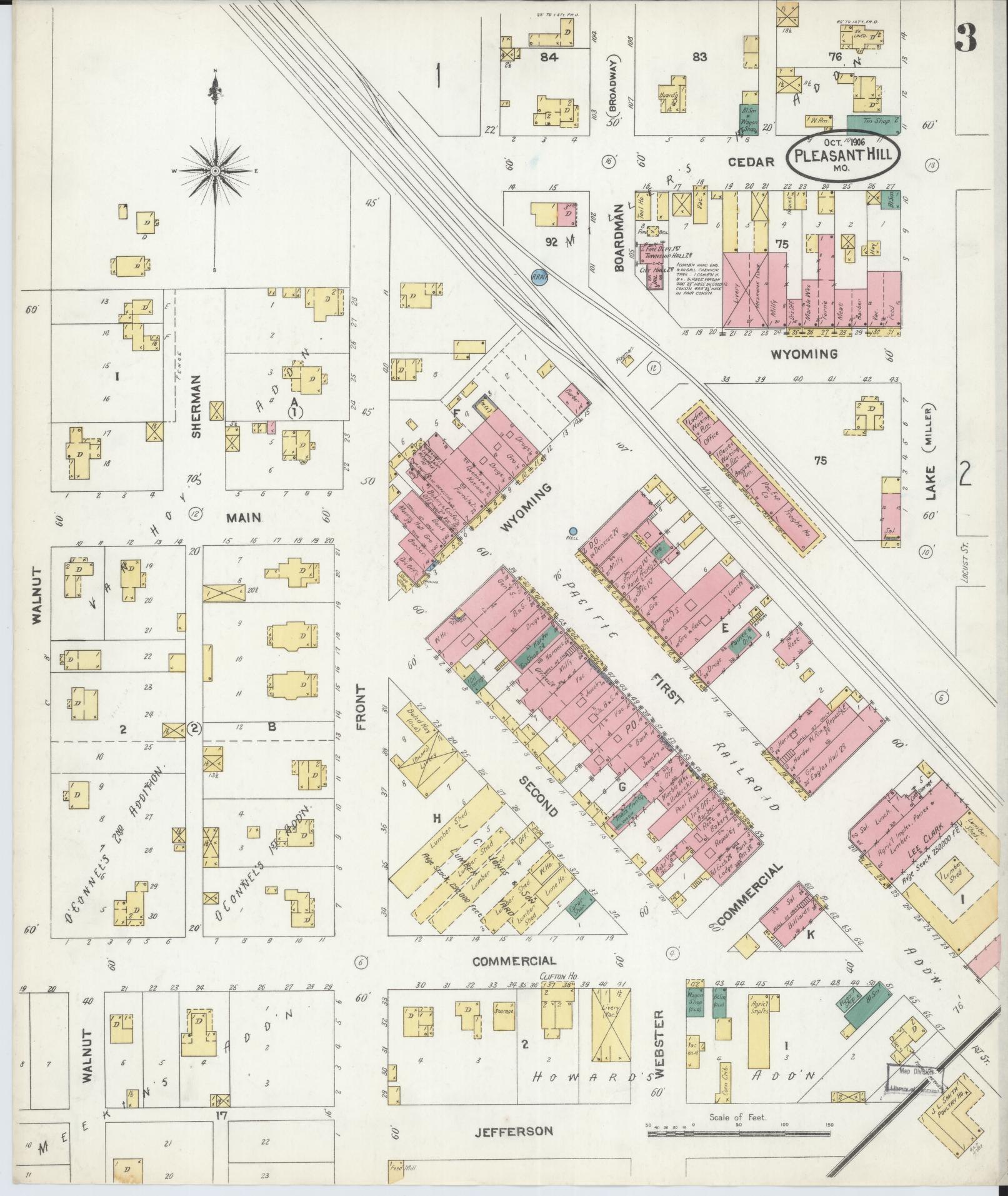 Sanborn Fire Insurance Map from Pleasant Hill, Cass County, Missouri (1906), Sheet #0003 - Complete Map Set gallery image, historic Sanborn map, vintage wall art, Missouri Missouri