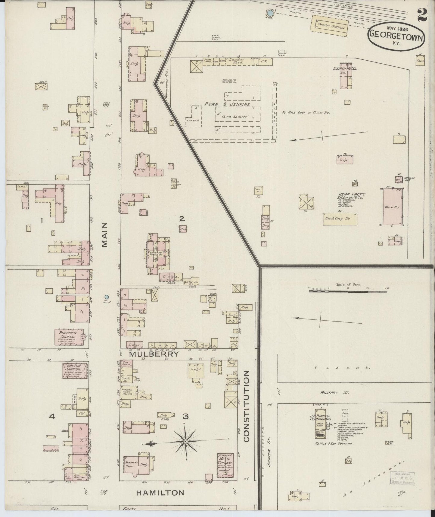 Sanborn Fire Insurance Map from Georgetown, Scott County, Kentucky (1886), Sheet #0002 - Complete Map Set gallery image, historic Sanborn map, vintage wall art, Kentucky Kentucky