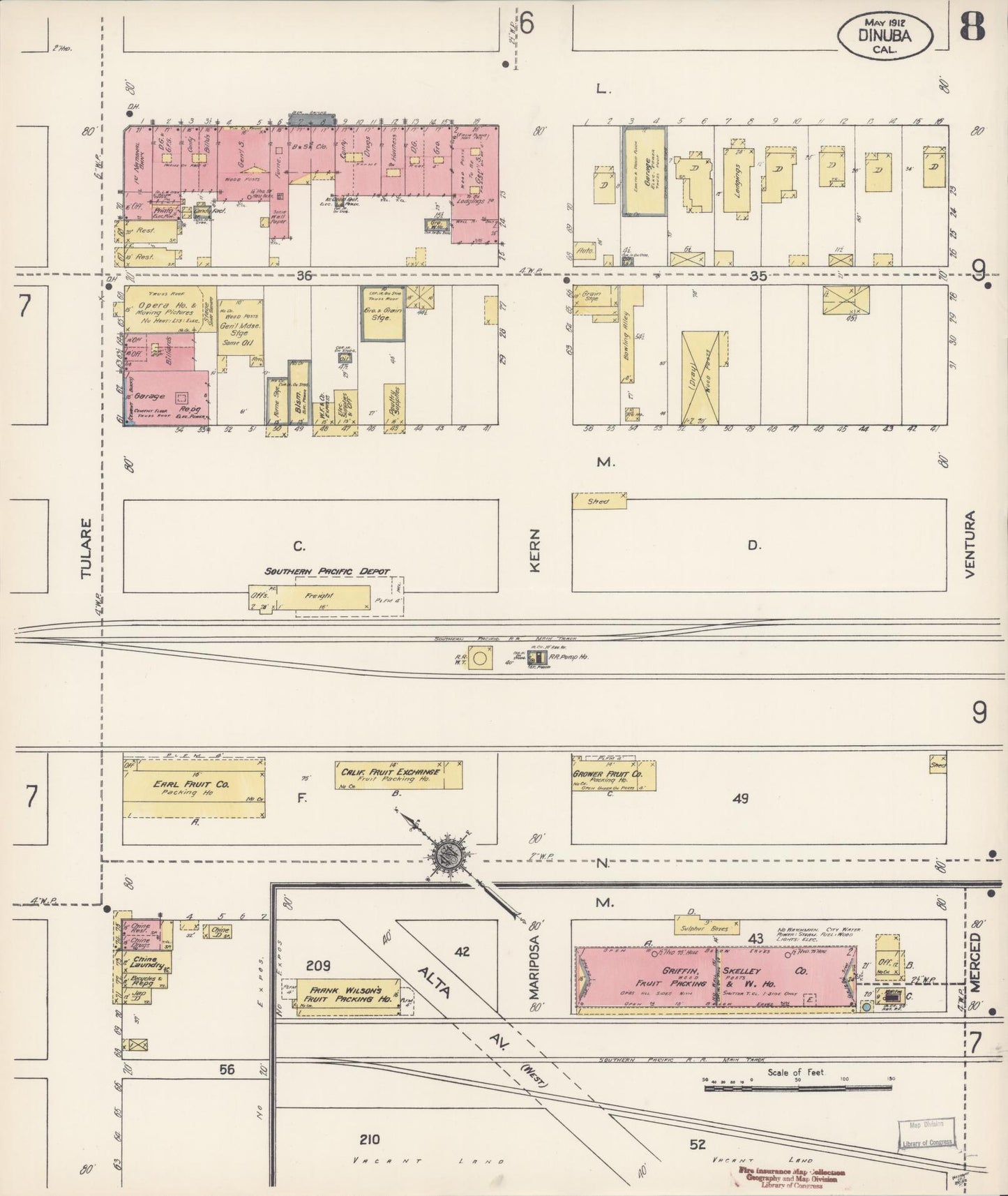 Sanborn Fire Insurance Map from Dinuba, Tulare County, California (1912), Sheet #0008 - Historic Sanborn Fire Insurance Map Print, vintage old map wall art, antique decor, genealogy gift, California California map