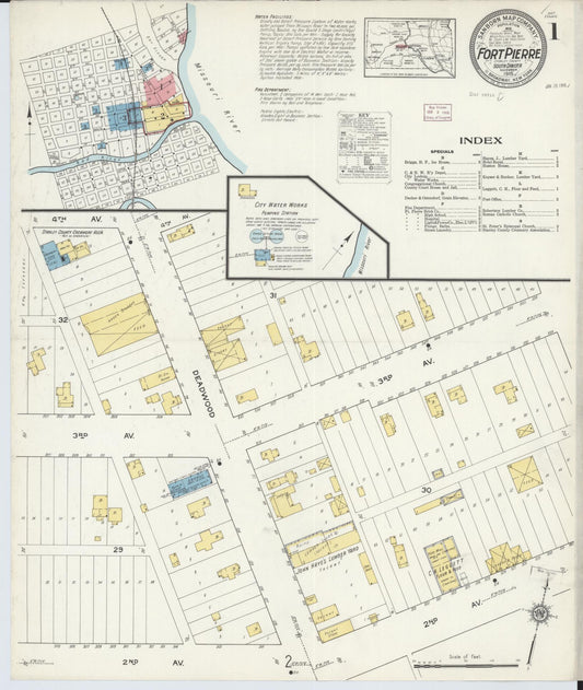 Sanborn Fire Insurance Map from Fort Pierre, Stanley County, South Dakota (1915), Sheet #0001 - Historic Sanborn Fire Insurance Map Print, vintage old map wall art, antique decor, genealogy gift, South Dakota South Dakota map