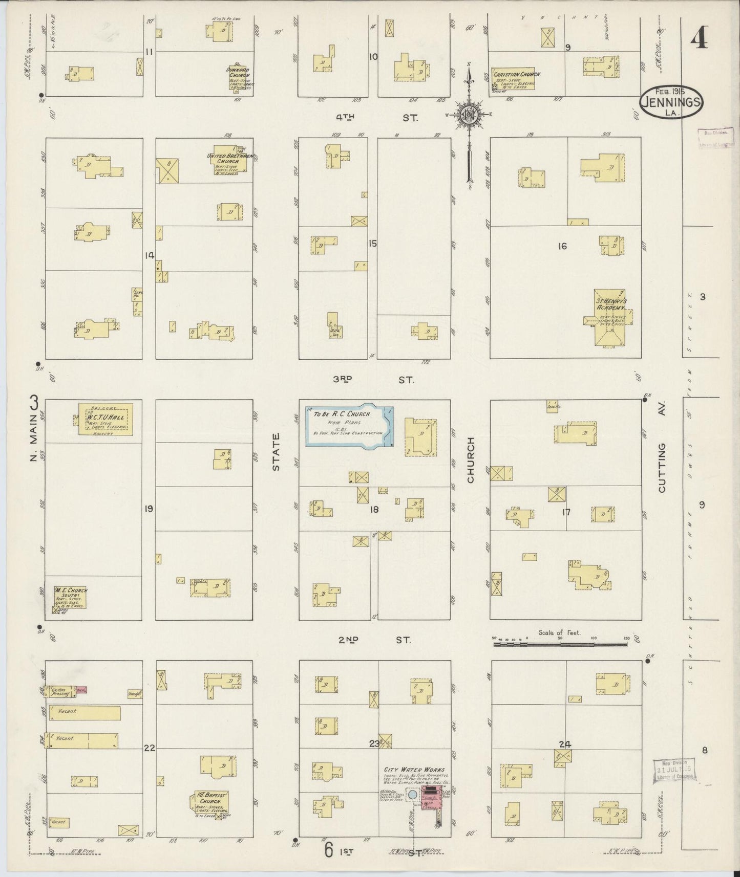 Sanborn Fire Insurance Map from Jennings, Jefferson Davis Parish, Louisiana (1915), Sheet #0004 - Complete Map Set gallery image, historic Sanborn map, vintage wall art, Louisiana Louisiana