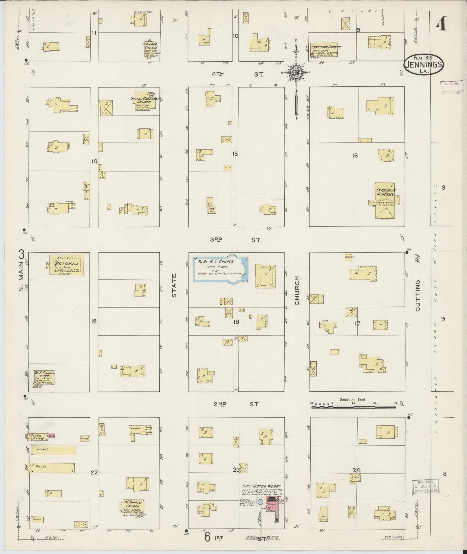Sanborn Fire Insurance Map from Jennings, Jefferson Davis Parish, Louisiana (1915), Sheet #0004 - Complete Map Set gallery image, historic Sanborn map, vintage wall art, Louisiana Louisiana
