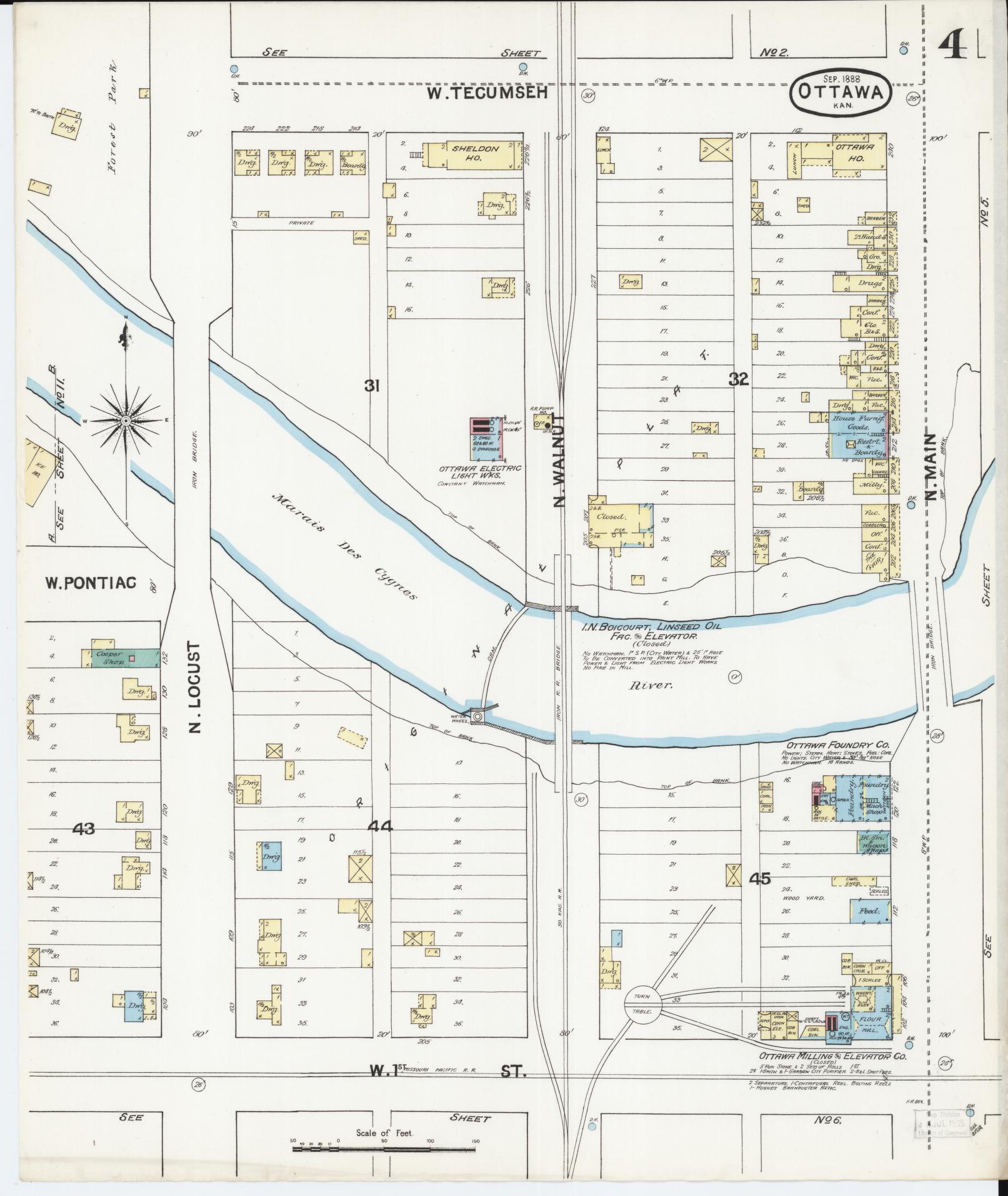 Sanborn Fire Insurance Map from Ottawa, Franklin County, Kansas (1888), Sheet #0004 - Complete Map Set gallery image, historic Sanborn map, vintage wall art, Kansas Kansas