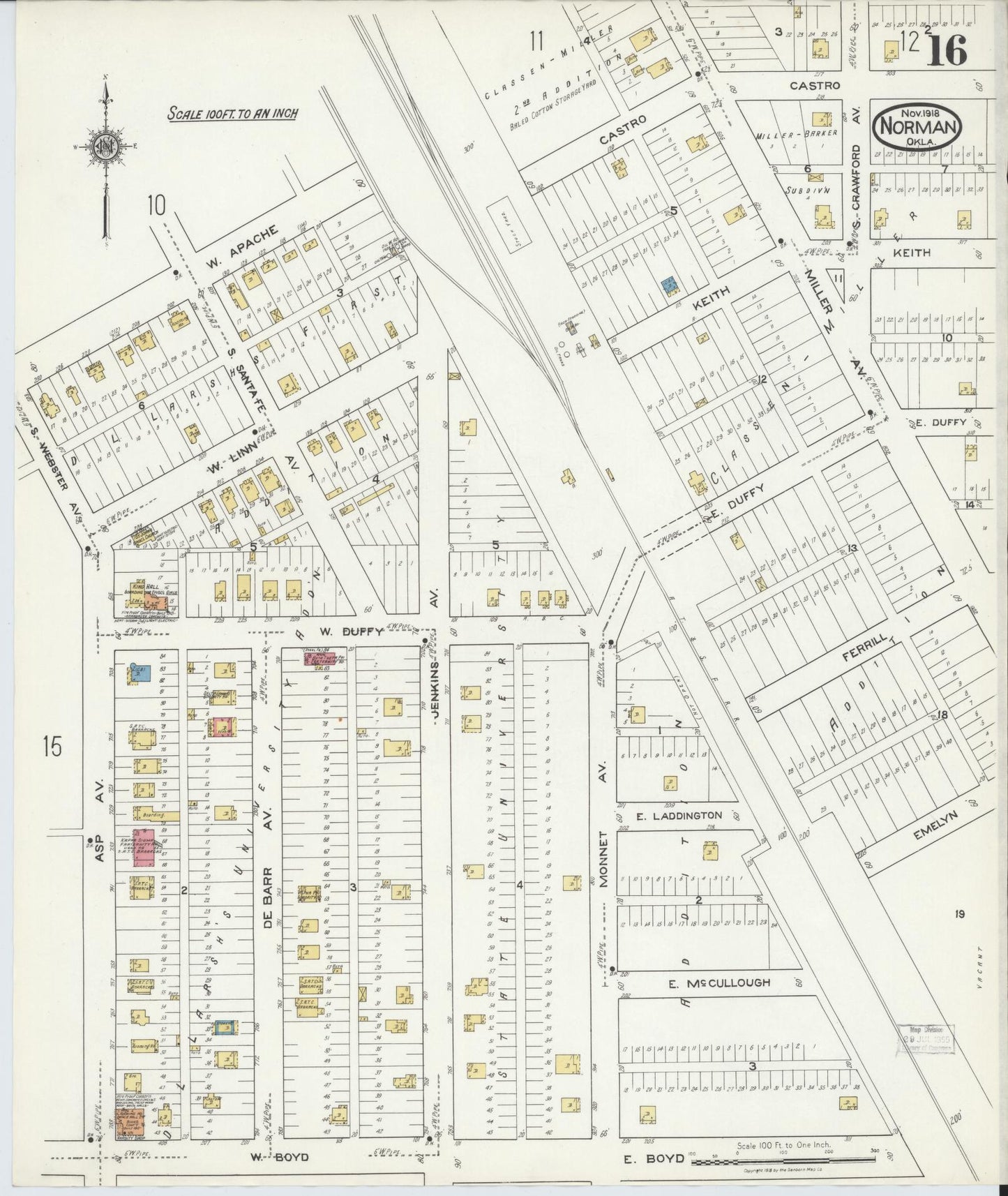 Sanborn Fire Insurance Map from Norman, Cleveland County, Oklahoma (1918), Sheet #0016 - Complete Map Set gallery image, historic Sanborn map, vintage wall art, Oklahoma Oklahoma