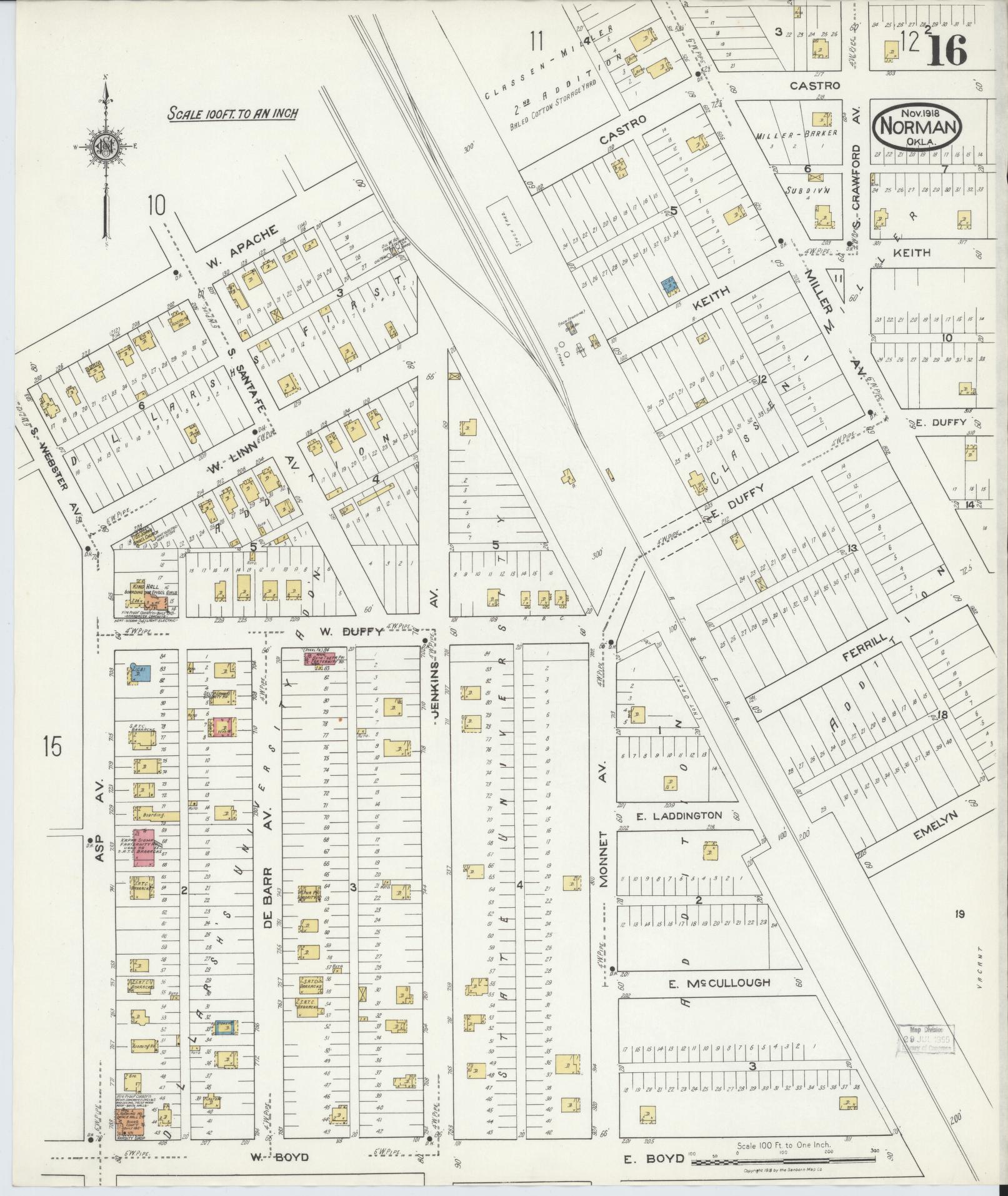Sanborn Fire Insurance Map from Norman, Cleveland County, Oklahoma (1918), Sheet #0016 - Complete Map Set gallery image, historic Sanborn map, vintage wall art, Oklahoma Oklahoma