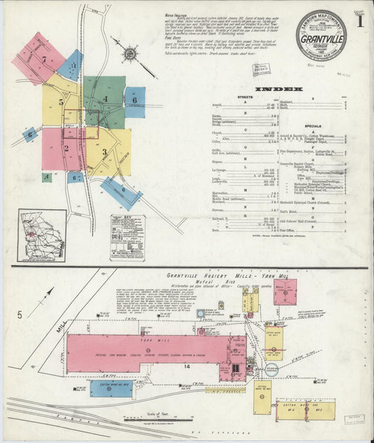 Sanborn Fire Insurance Map from Grantville, Coweta County, Georgia (1921), Sheet #0001 - Complete Map Set gallery image, historic Sanborn map, vintage wall art, Georgia Georgia