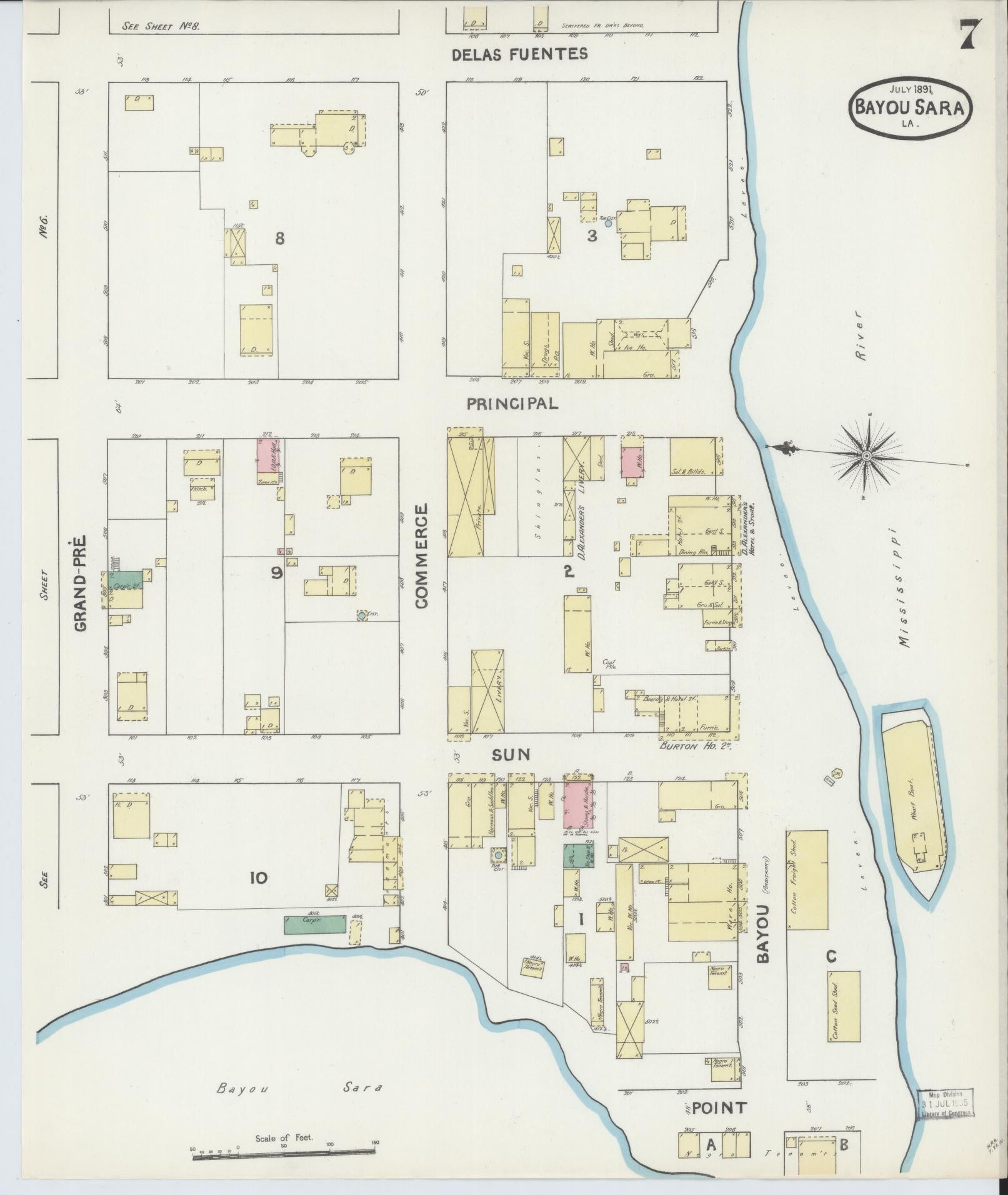 Sanborn Fire Insurance Map from Bayou Sara, West Feliciana Parish, Louisiana (1891), Sheet #0007 - Complete Map Set gallery image, historic Sanborn map, vintage wall art, Louisiana Louisiana