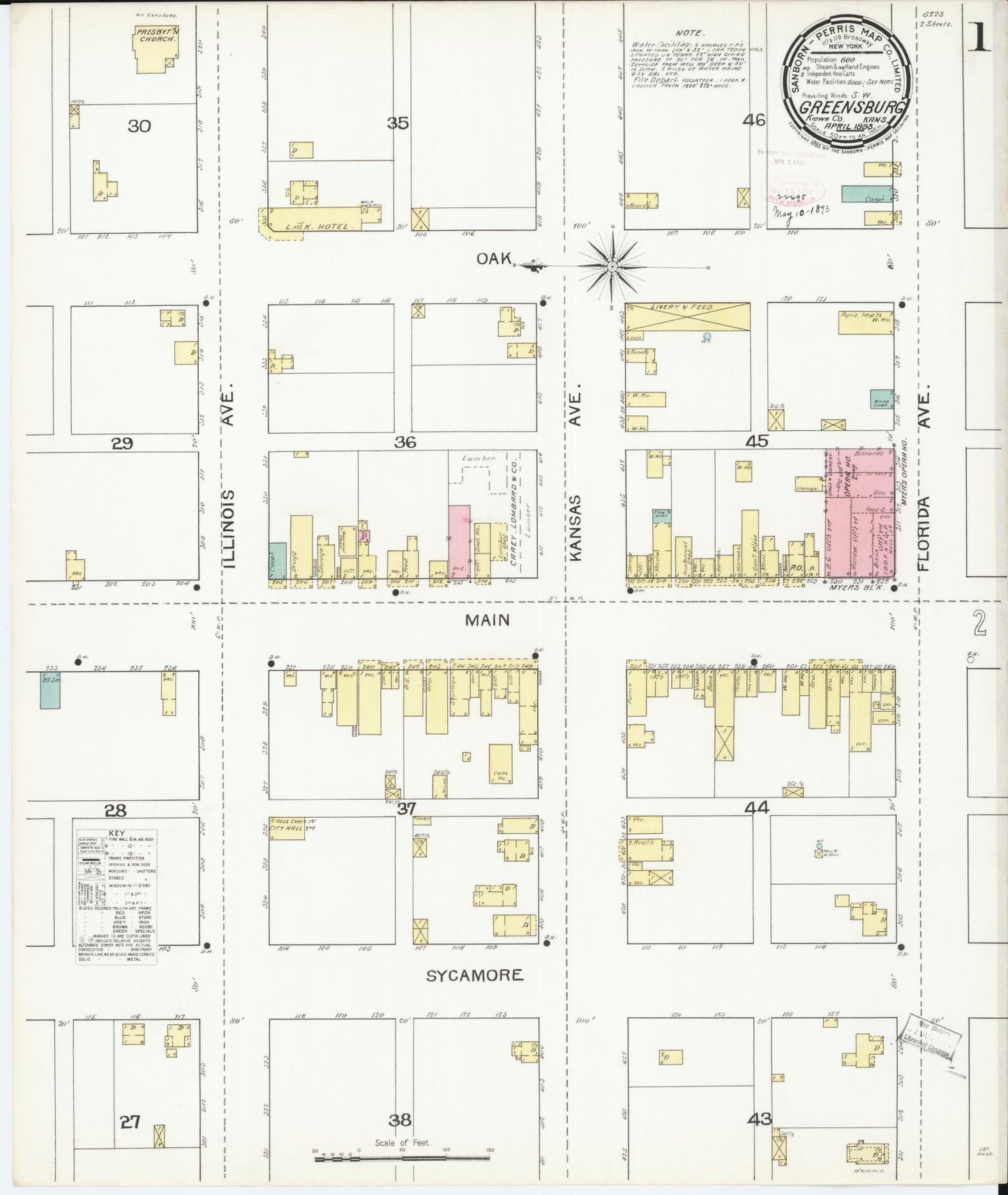Sanborn Fire Insurance Map from Greensburg, Kiowa County, Kansas (1893), Sheet #0001 - Complete Map Set gallery image, historic Sanborn map, vintage wall art, Kansas Kansas