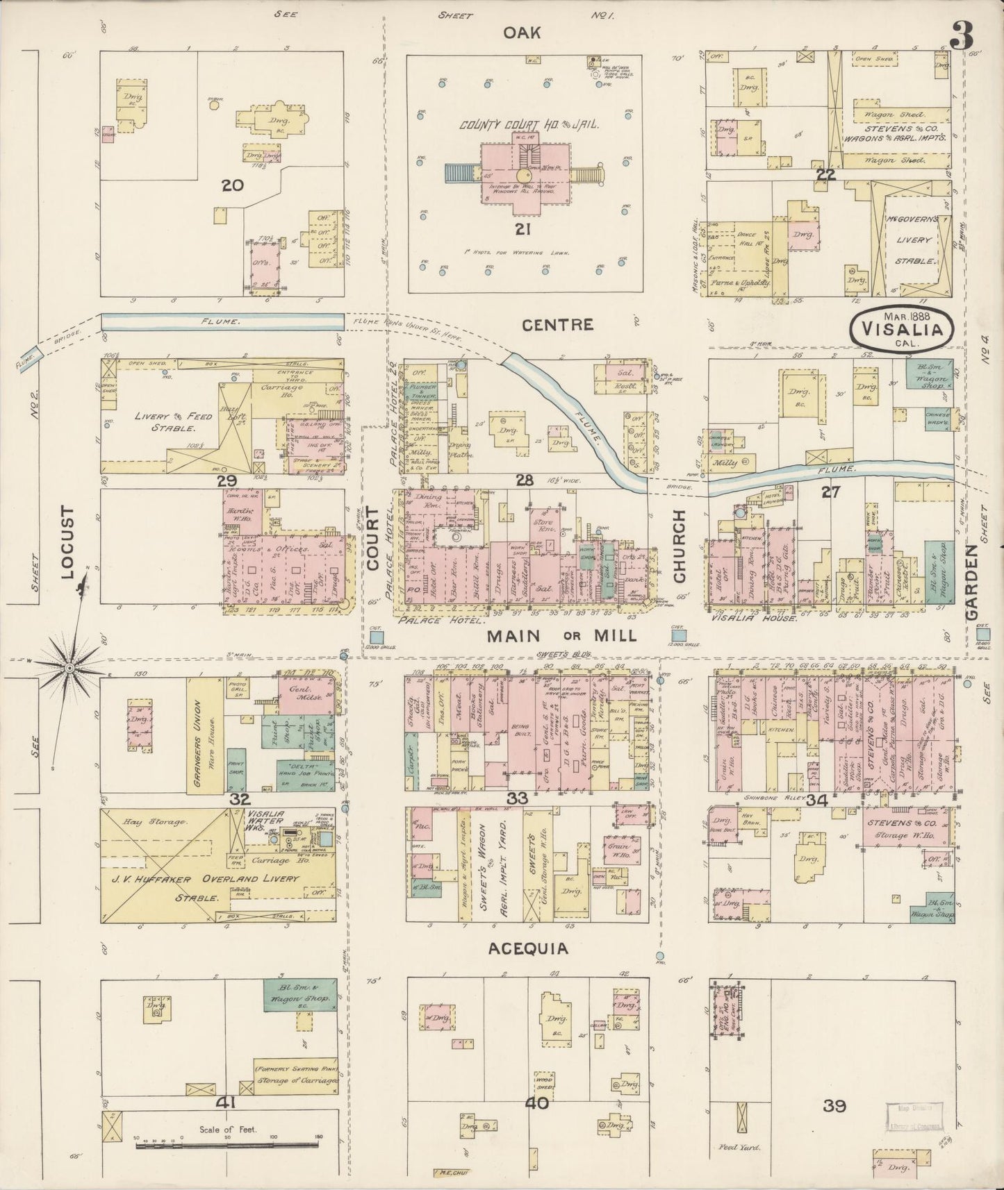 Sanborn Fire Insurance Map from Visalia, Tulare County, California (1888), Sheet #0003 - Complete Map Set gallery image, historic Sanborn map, vintage wall art, California California