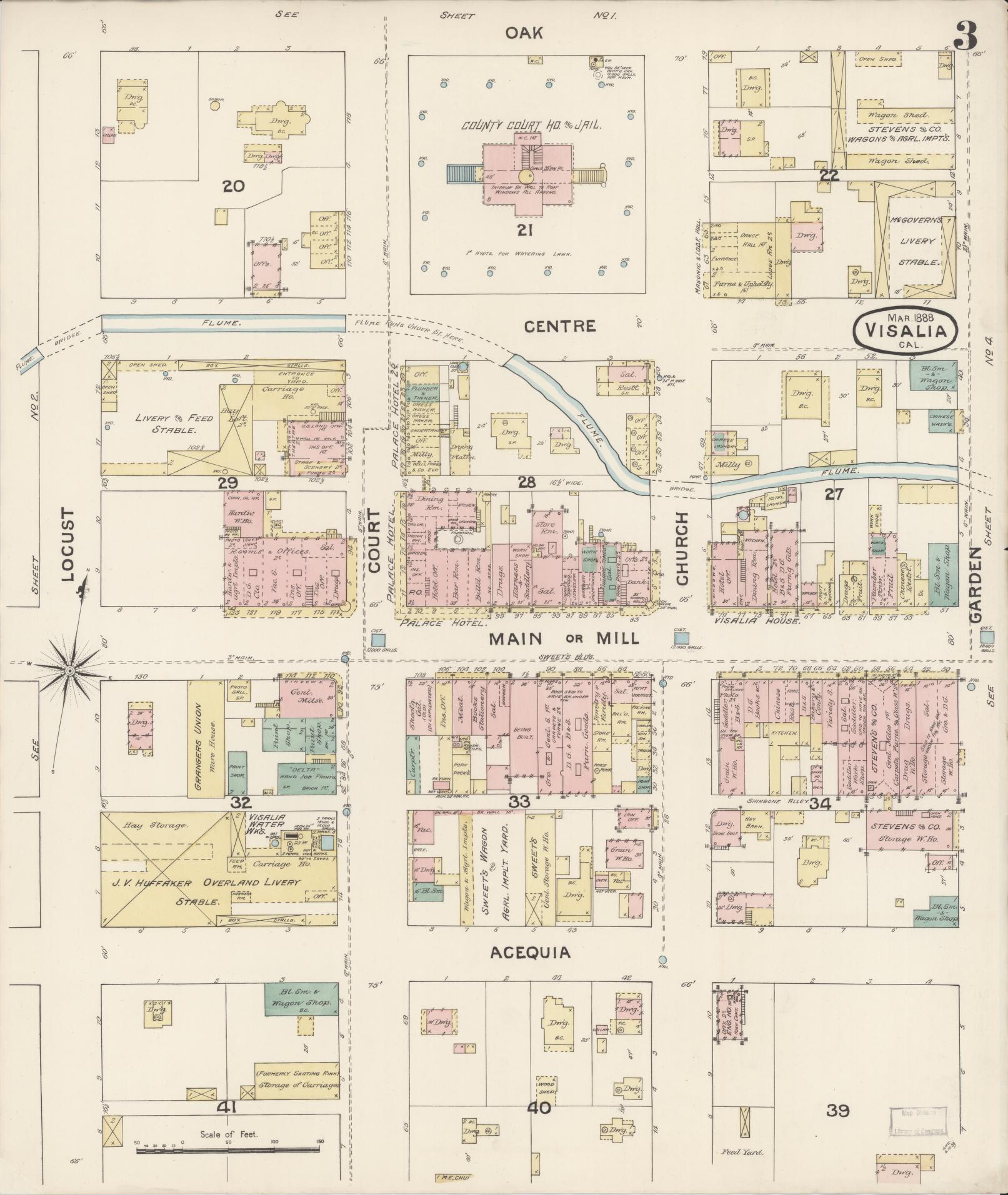 Sanborn Fire Insurance Map from Visalia, Tulare County, California (1888), Sheet #0003 - Complete Map Set gallery image, historic Sanborn map, vintage wall art, California California
