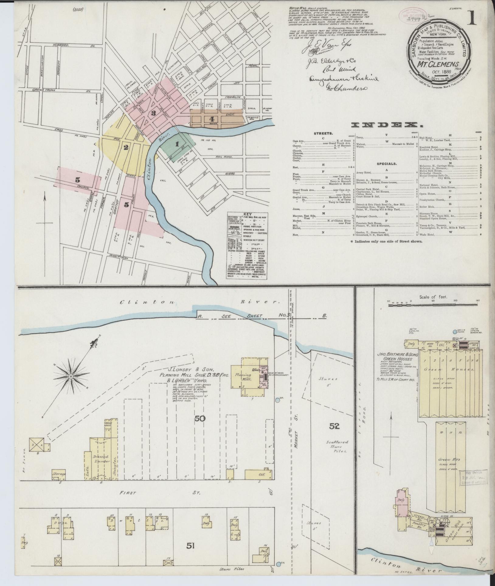 Sanborn Fire Insurance Map from Mount Clemens, Macomb County, Michigan (1888), Sheet #0001 - Complete Map Set gallery image, historic Sanborn map, vintage wall art, Michigan Michigan