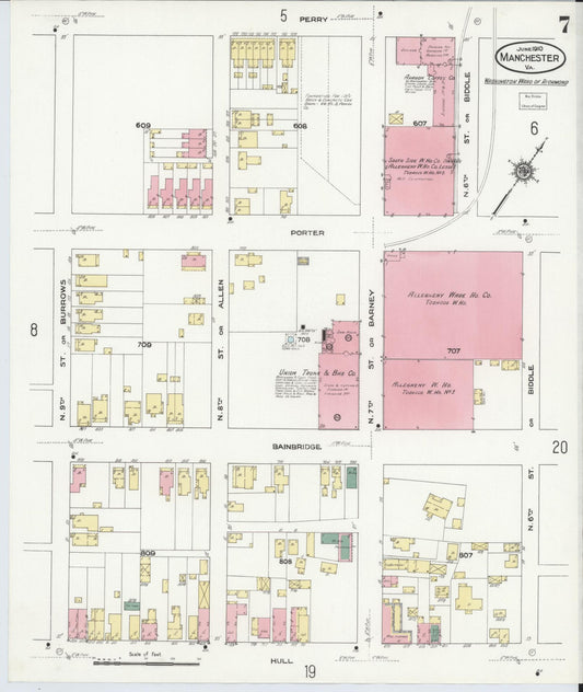 Sanborn Fire Insurance Map from Manchester, Chesterfield County, Virginia (1910), Sheet #0007 - Historic Sanborn Fire Insurance Map Print, vintage old map wall art, antique decor, genealogy gift, Virginia Virginia map