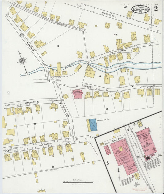 Sanborn Fire Insurance Map from Lonaconing, Allegany County, Maryland (1921), Sheet #0002 - Historic Sanborn Fire Insurance Map Print, vintage old map wall art