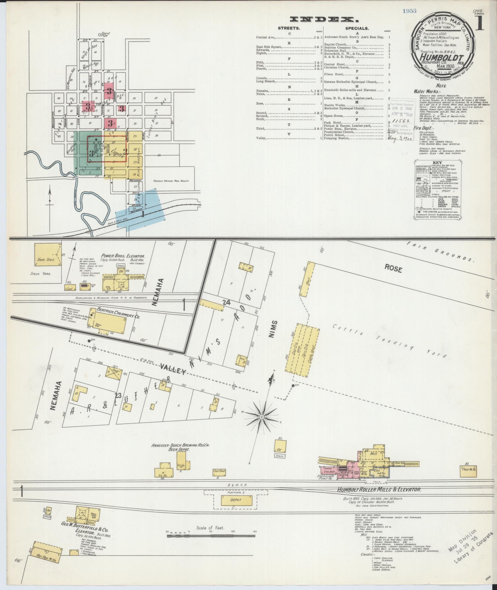 Sanborn Fire Insurance Map from Humboldt, Richardson County, Nebraska (1900), Sheet #0001 - Historic Sanborn Fire Insurance Map Print, vintage old map wall art, antique decor, genealogy gift, Nebraska Nebraska map