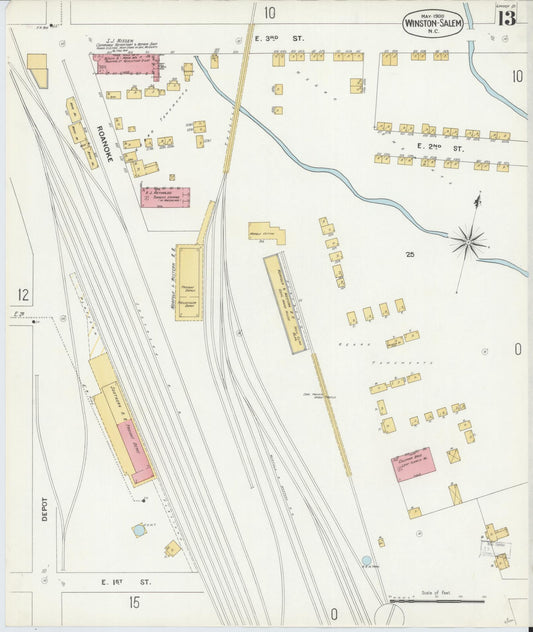 Sanborn Fire Insurance Map from Winston-Salem, Forsyth County, North Carolina (1900), Sheet #0013 - Historic Sanborn Fire Insurance Map Print, vintage old map wall art, antique decor, genealogy gift, North Carolina North Carolina map