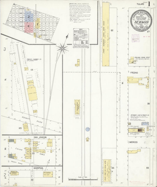 Sanborn Fire Insurance Map from Newman, Stanislaus County, California (1908), Sheet #0001 - Complete Map Set gallery image, historic Sanborn map, vintage wall art, California California