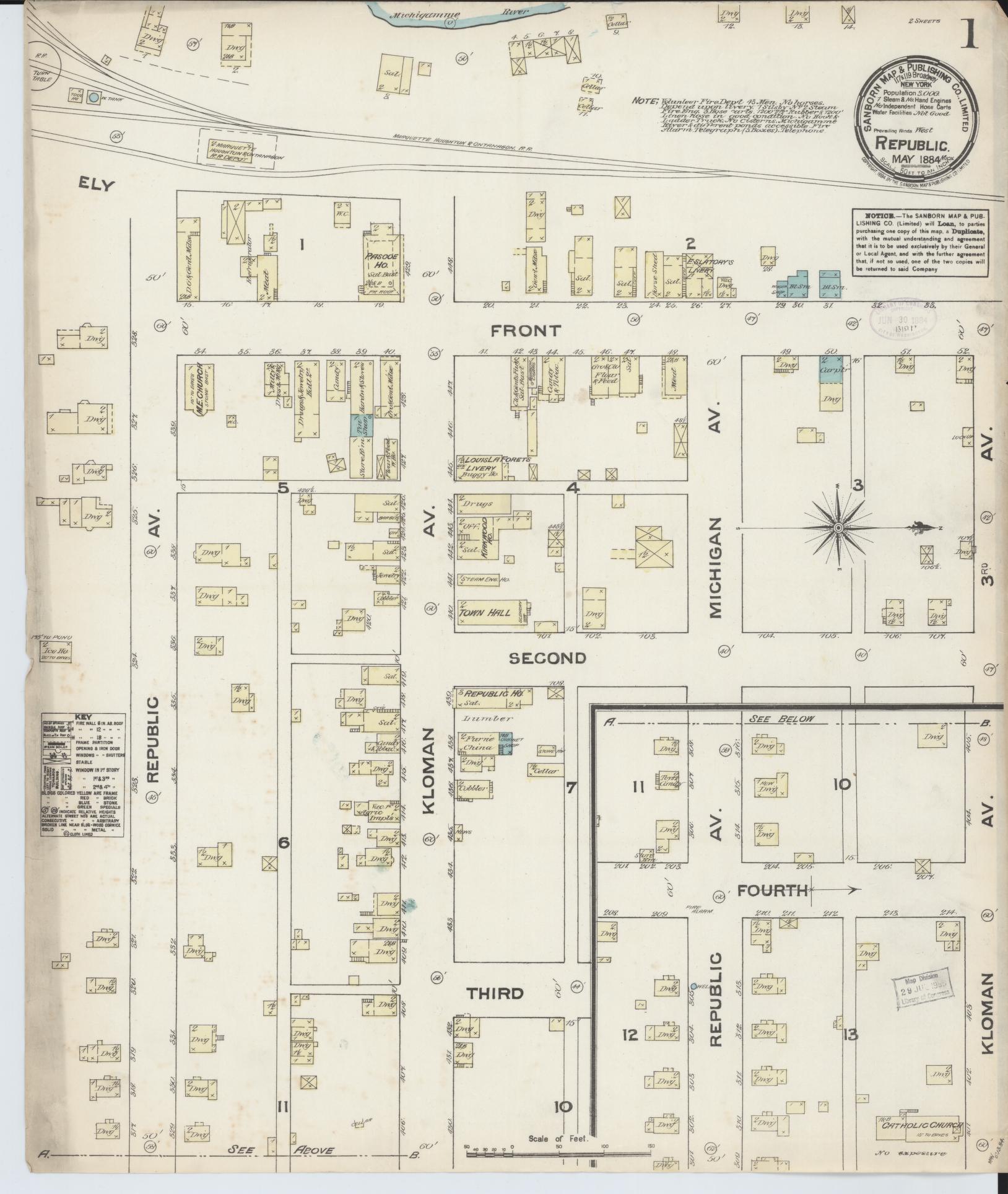Sanborn Fire Insurance Map from Republic, Marquette County, Michigan (1884), Sheet #0001 - Historic Sanborn Fire Insurance Map Print, vintage old map wall art, antique decor, genealogy gift, Michigan Michigan map