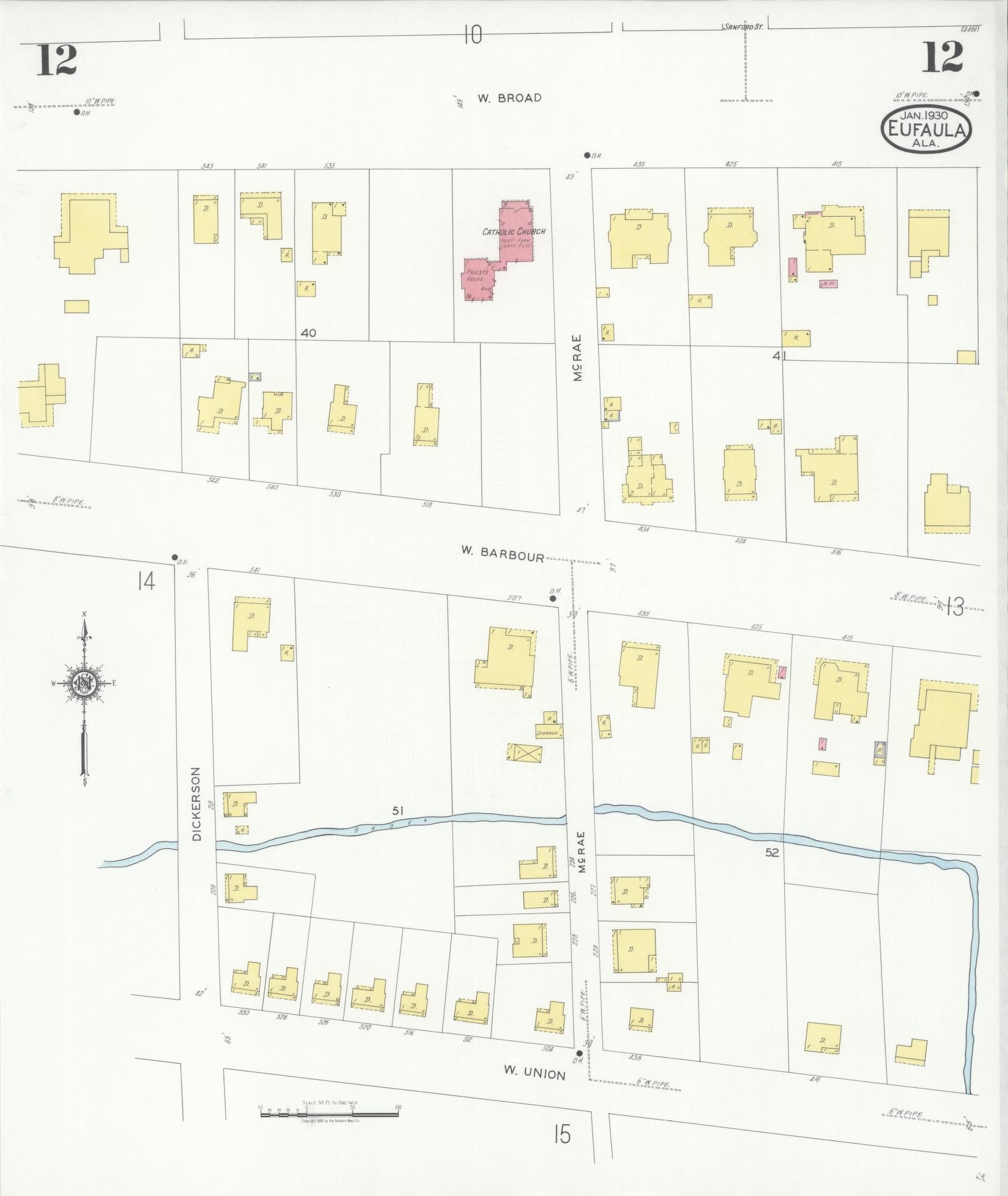 Sanborn Fire Insurance Map from Eufaula, Barbour County, Alabama (1930), Sheet #0012 - Historic Sanborn Fire Insurance Map Print, vintage old map wall art, antique decor, genealogy gift, Alabama Alabama map