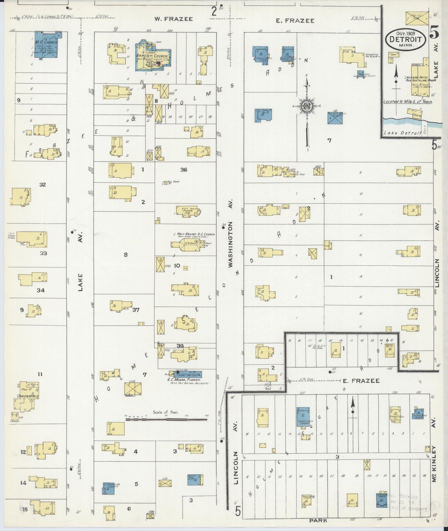 Sanborn Fire Insurance Map from Detroit Lakes, Becker County, Minnesota (1909), Sheet #0005 - Complete Map Set gallery image, historic Sanborn map, vintage wall art, Minnesota Minnesota