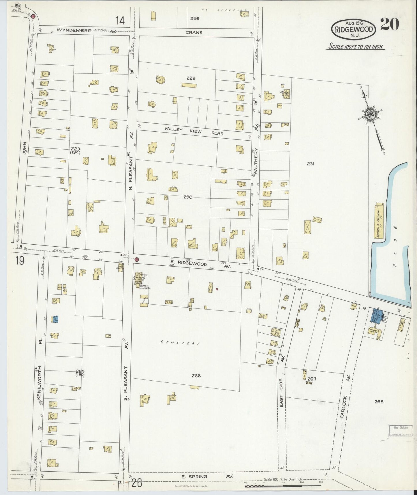 Sanborn Fire Insurance Map from Ridgewood, Bergen County, New Jersey (1916), Sheet #0020 - Complete Map Set gallery image, historic Sanborn map, vintage wall art, New Jersey New Jersey