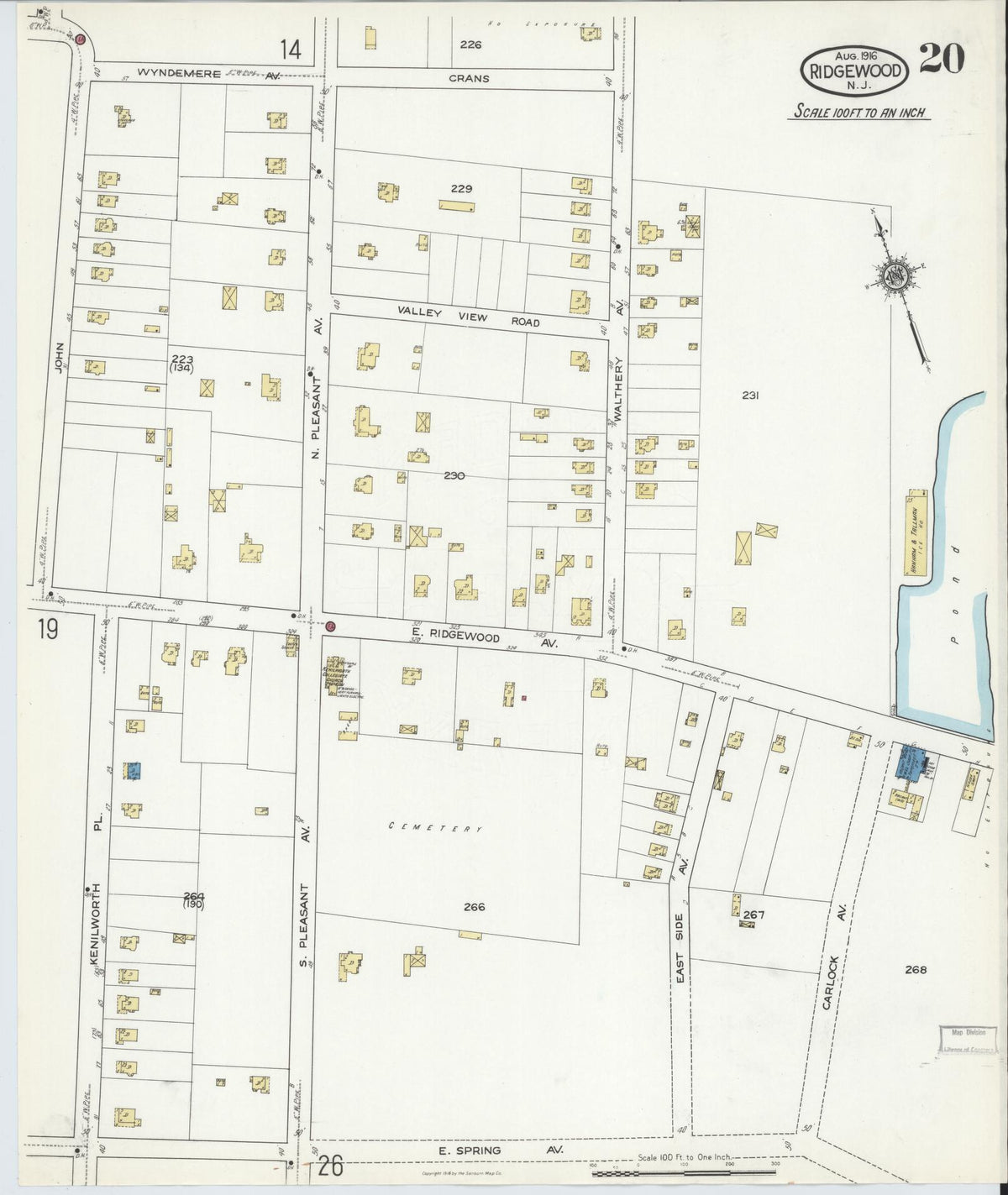 Sanborn Fire Insurance Map from Ridgewood, Bergen County, New Jersey (1916), Sheet #0020 - Complete Map Set gallery image, historic Sanborn map, vintage wall art, New Jersey New Jersey