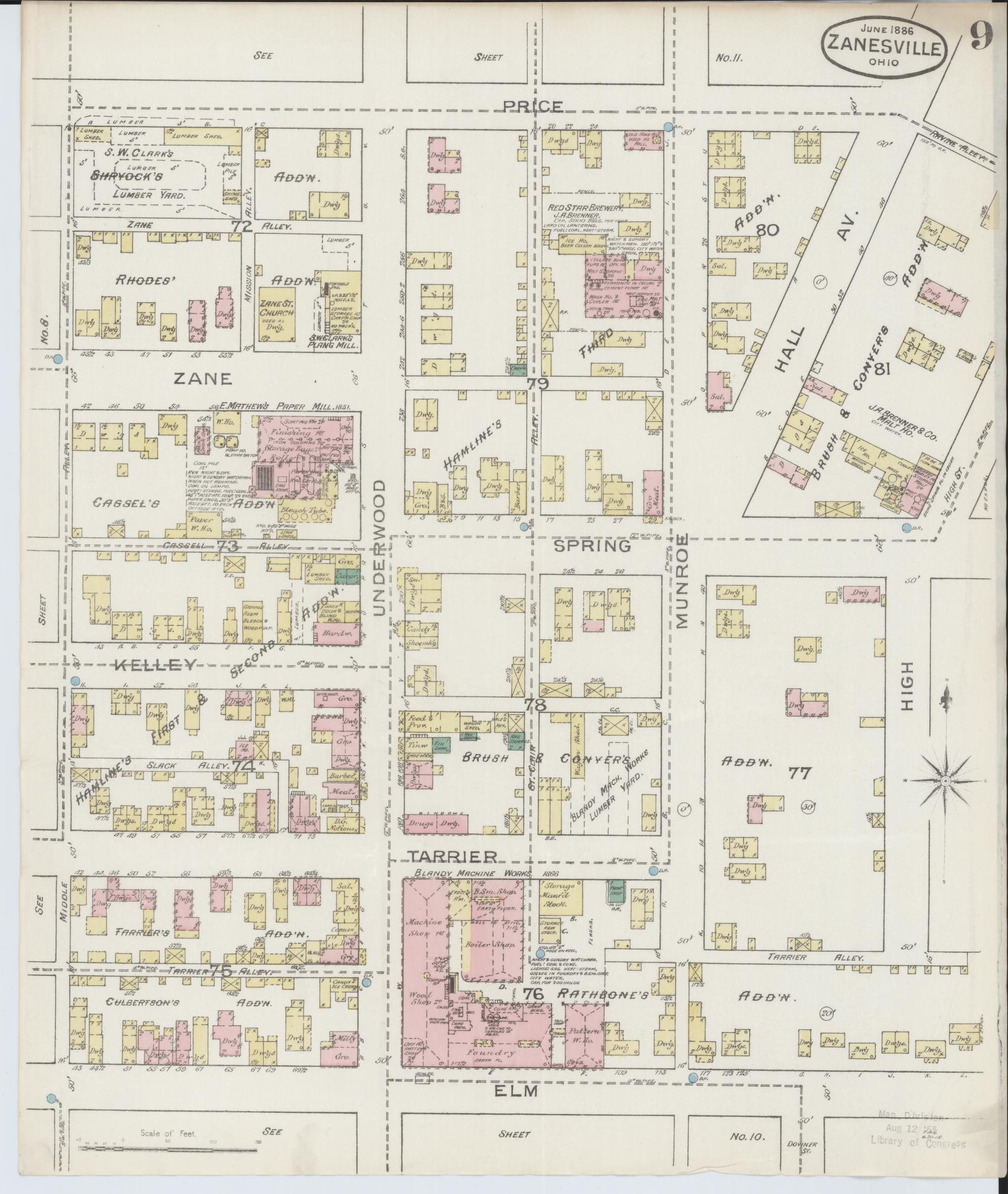 Sanborn Fire Insurance Map from Zanesville, Muskingum County, Ohio (1886), Sheet #0009 - Complete Map Set gallery image, historic Sanborn map, vintage wall art, Ohio Ohio