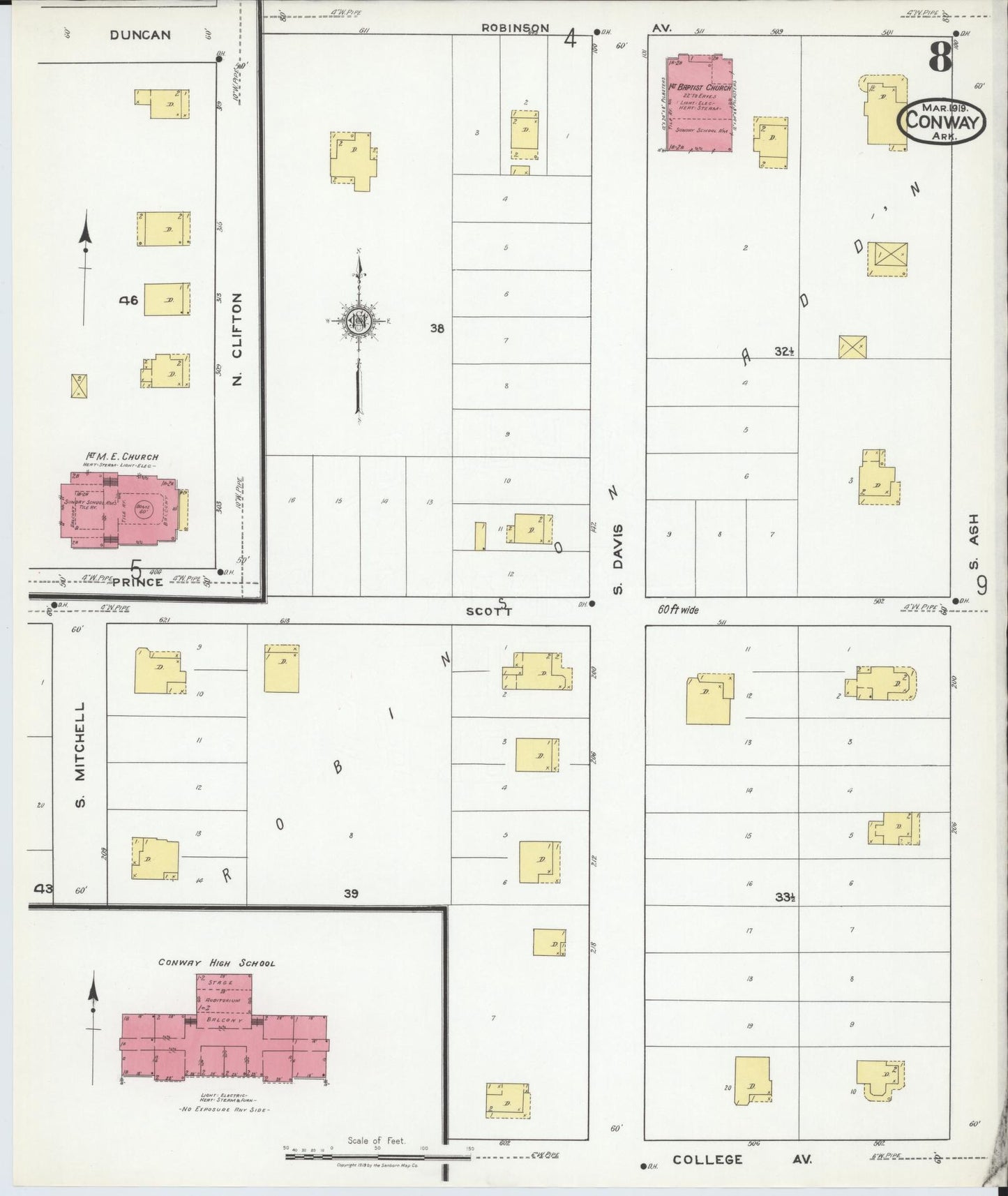 Sanborn Fire Insurance Map from Conway, Faulkner County, Arkansas (1919), Sheet #0008 - Complete Map Set gallery image, historic Sanborn map, vintage wall art, Arkansas Arkansas