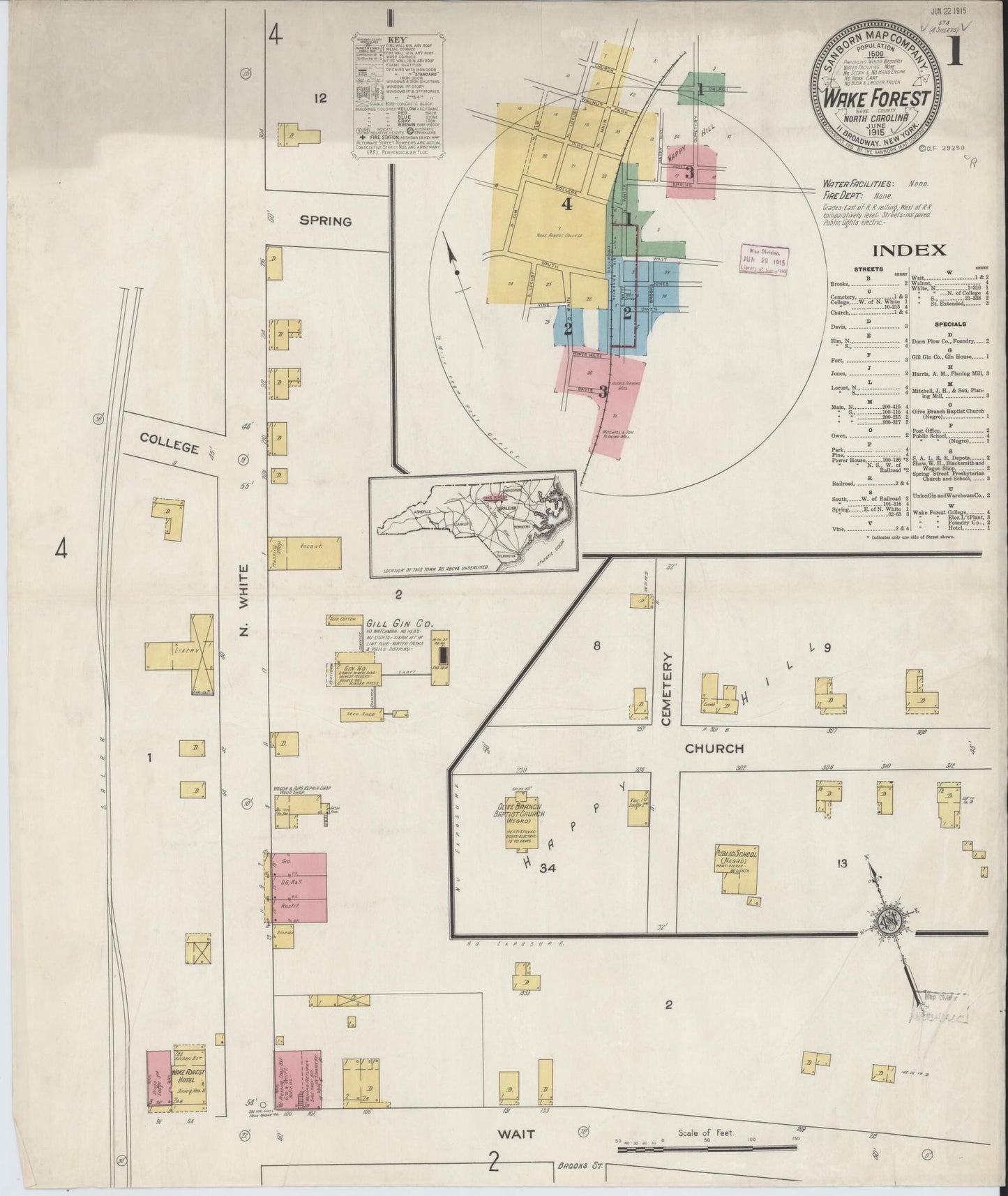 Sanborn Fire Insurance Map from Wake Forest, Wake County, North Carolina (1915), Sheet #0001 - Historic Sanborn Fire Insurance Map Print, vintage old map wall art, antique decor, genealogy gift, North Carolina North Carolina map