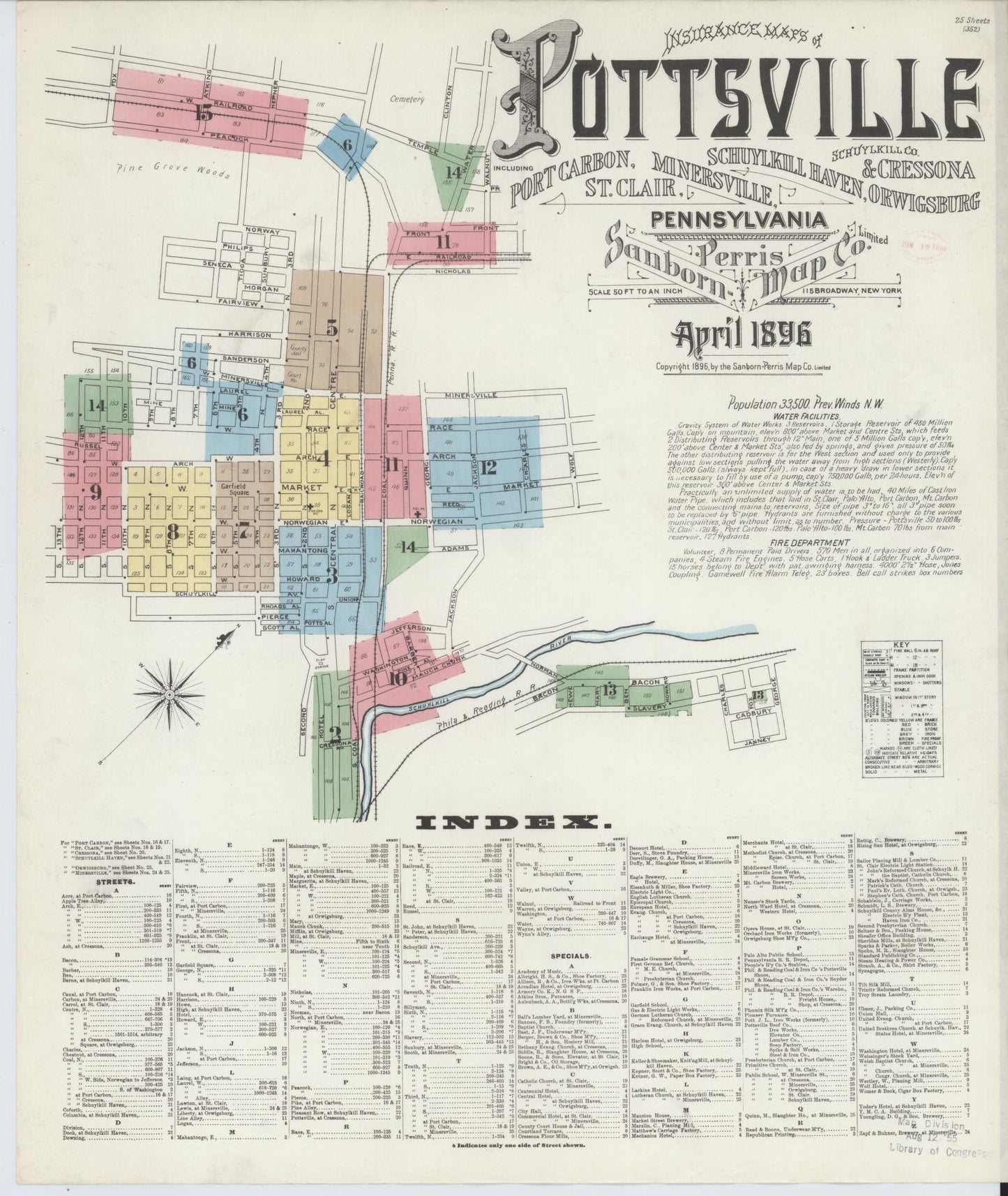 Sanborn Fire Insurance Map from Pottsville, Schuylkill County, Pennsylvania (1895), Sheet #0001 - Historic Sanborn Fire Insurance Map Print, vintage old map wall art, antique decor, genealogy gift, Pennsylvania Pennsylvania map