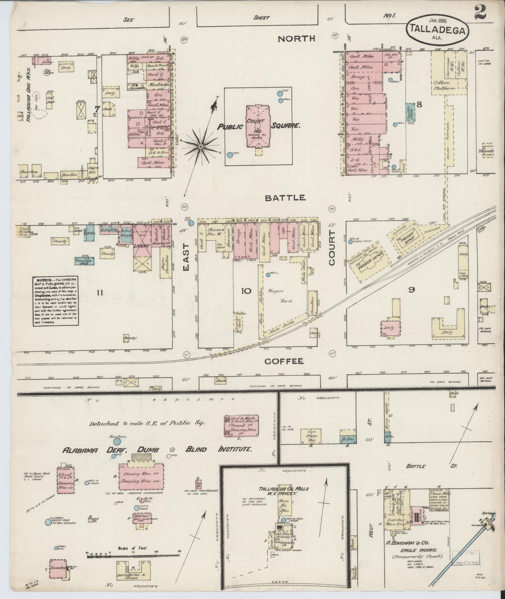 Sanborn Fire Insurance Map from Talladega, Talladega County, Alabama (1885), Sheet #0002 - Historic Sanborn Fire Insurance Map Print, vintage old map wall art, antique decor, genealogy gift, Alabama Alabama map