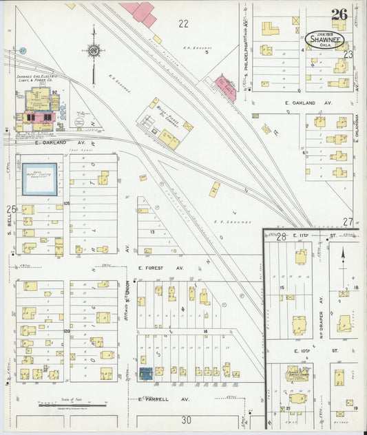Sanborn Fire Insurance Map from Shawnee, Pottawatomie County, Oklahoma (1919), Sheet #0026 - Historic Sanborn Fire Insurance Map Print, vintage old map wall art, antique decor, genealogy gift, Oklahoma Oklahoma map