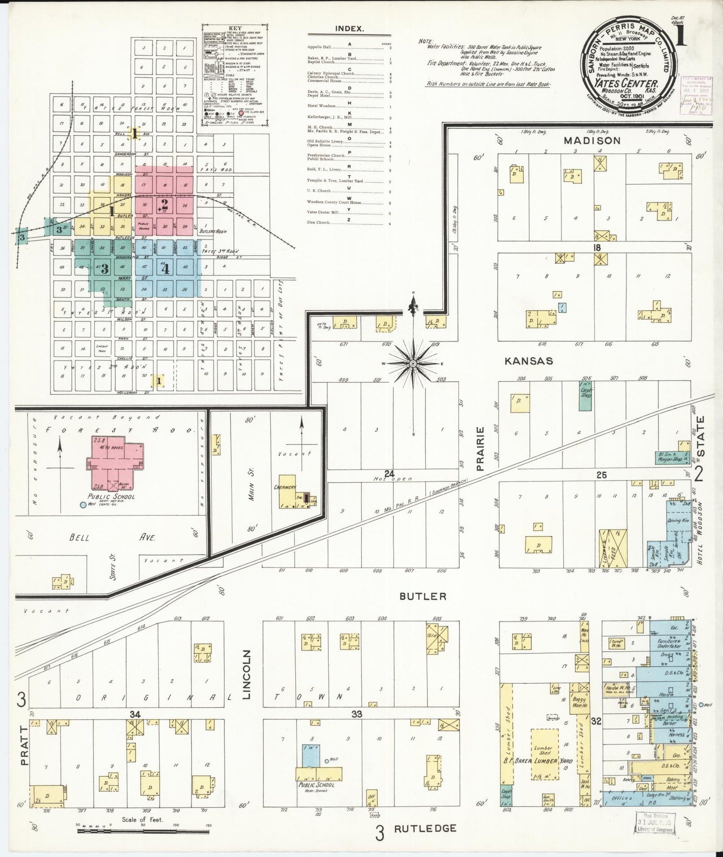 Sanborn Fire Insurance Map from Yates Center, Woodson County, Kansas (1901), Sheet #0001 - Complete Map Set gallery image, historic Sanborn map, vintage wall art, Kansas Kansas