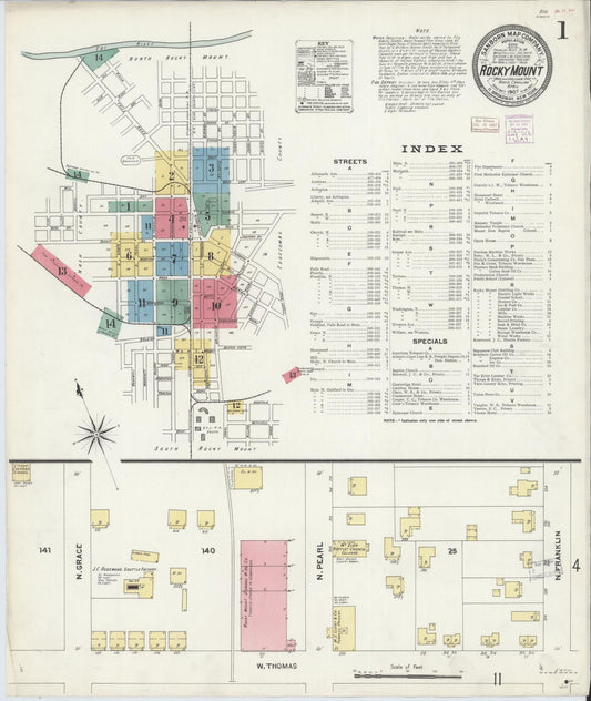 Sanborn Fire Insurance Map from Rocky Mount, Edgecombe And Nash Counties, North Carolina (1907), Sheet #0001 - Complete Map Set gallery image, historic Sanborn map, vintage wall art, North Carolina North Carolina